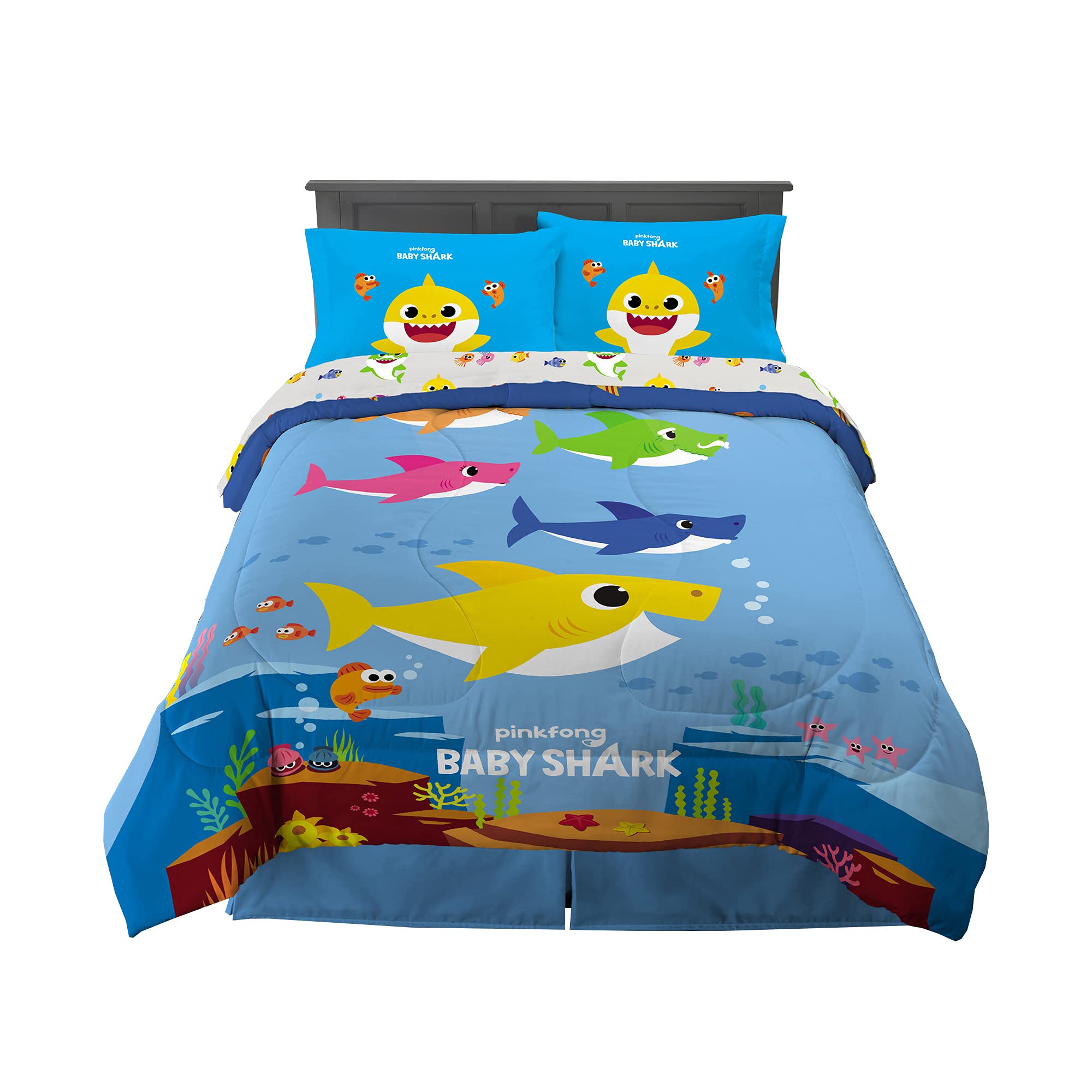 Franco Kids Bedding Set - Super Soft 5-Piece Full Size Comforter & Sheet Set with Baby Shark Design | Perfect for Toddler Beds, Nursery Decor & Shark-Themed Bedrooms