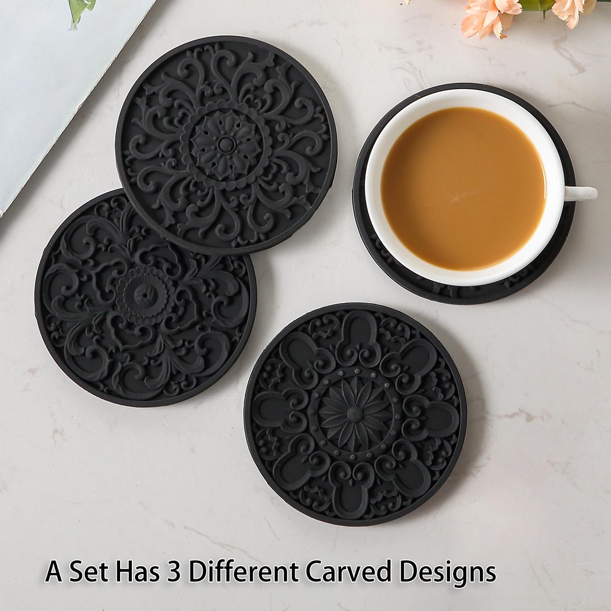 Colinda Silicone Drink Coasters Set of 6 with Holder - Non-Slip Cup Mats for Hot & Cold Beverages, Table Protection - 3 Stylish Patterns for Home, Office & Bar Decor (Black) - Perfect for Parties, Coffee Tables & Dining Protection