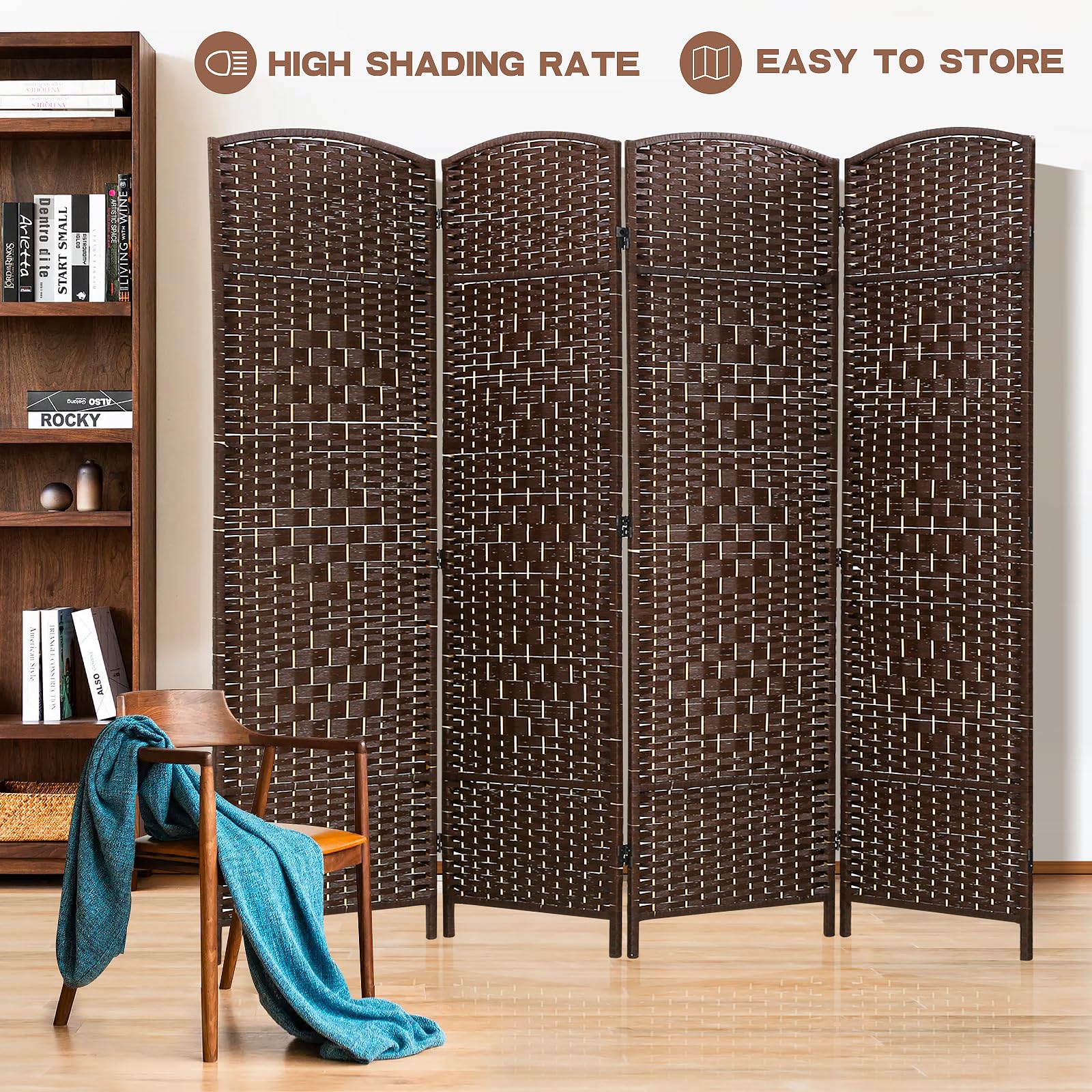 BLKMTY 4-Panel Folding Room Divider Screen - Extra Wide Tall Freestanding Privacy Partition for Living Room, Bedroom, Study - Brown Fiber Space Separator | Perfect for Home Office, Studio, or Event Space Division