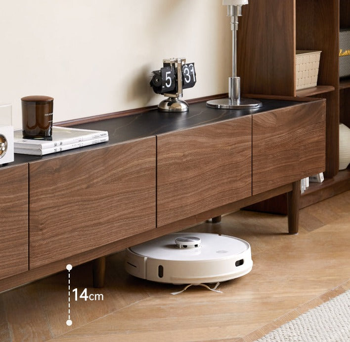 Modern Black Walnut Solid Wood TV Stand with Slate Top - Perfect for Living Room, Home Theater & Entertainment Center Storage