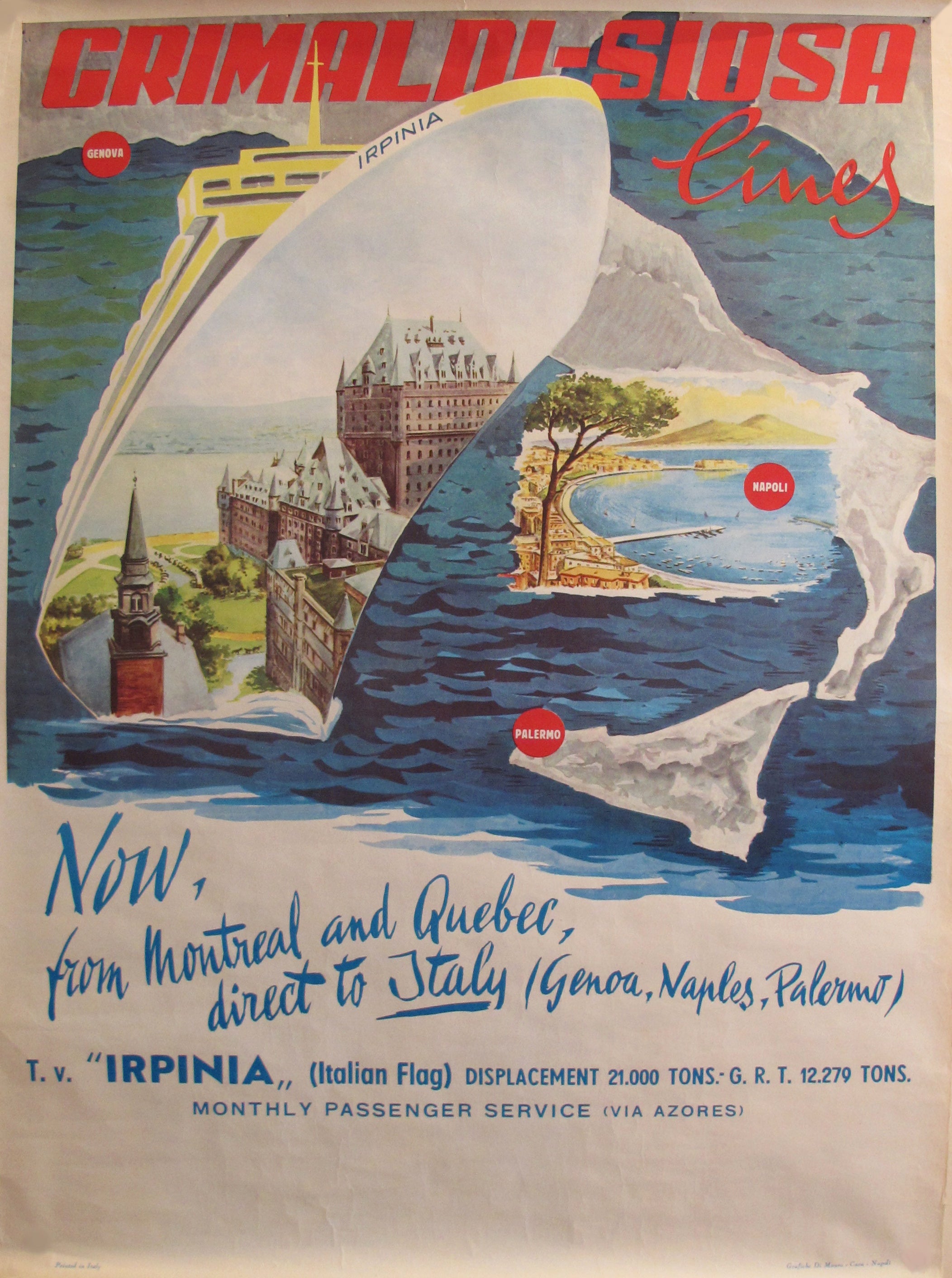 Original 1960s Vintage Italian Grimaldi Siosa Lines & Rosanna Schiaffino Cruise Ship Travel Poster - Collectible Maritime Memorabilia for Home & Office Decor
