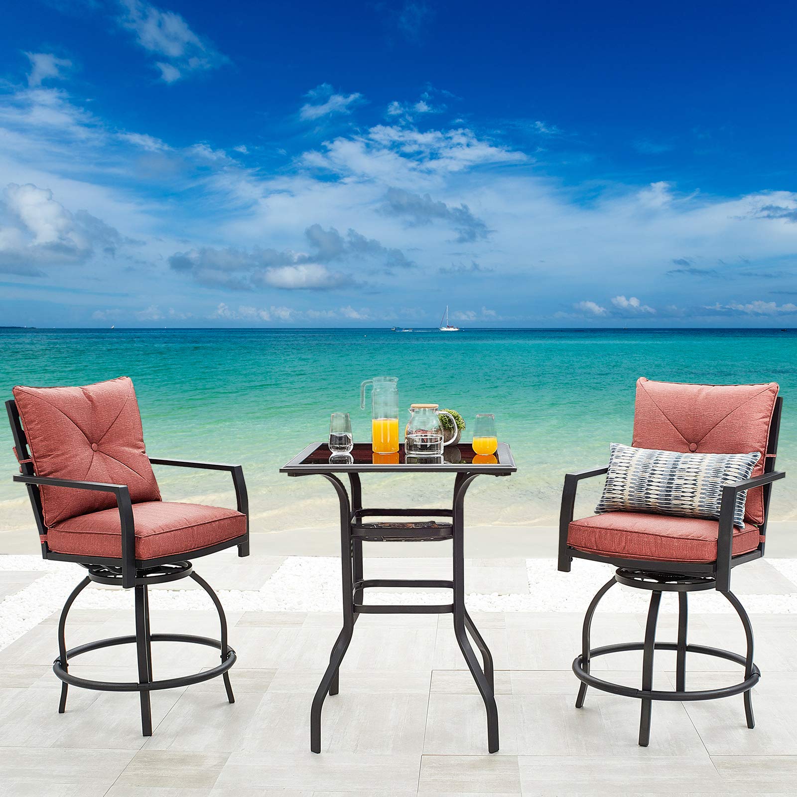 360° Swivel Patio Dining Set with Cushions - 3-Piece All-Weather Metal Outdoor Furniture (Bar Height Stools & Bistro Table) for Garden, Deck, Poolside - Perfect for Backyard BBQs, Outdoor Entertaining & Relaxing (Red)