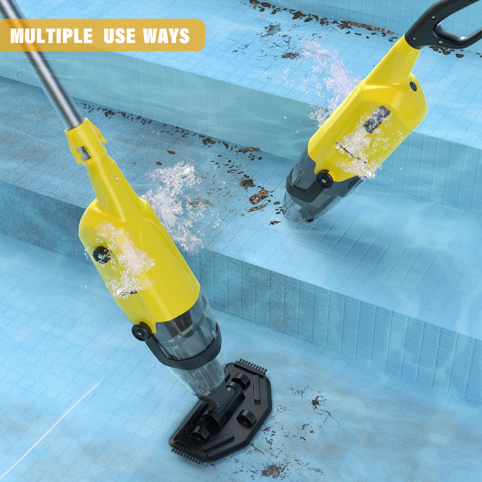 Rechargeable Cordless Electric Handheld Pool Vacuum Cleaner for Above Ground Pools, Hot Tubs & Small Swimming Pools - Lemon Yellow | Portable Spa & Bathtub Cleaner for Quick Debris Removal