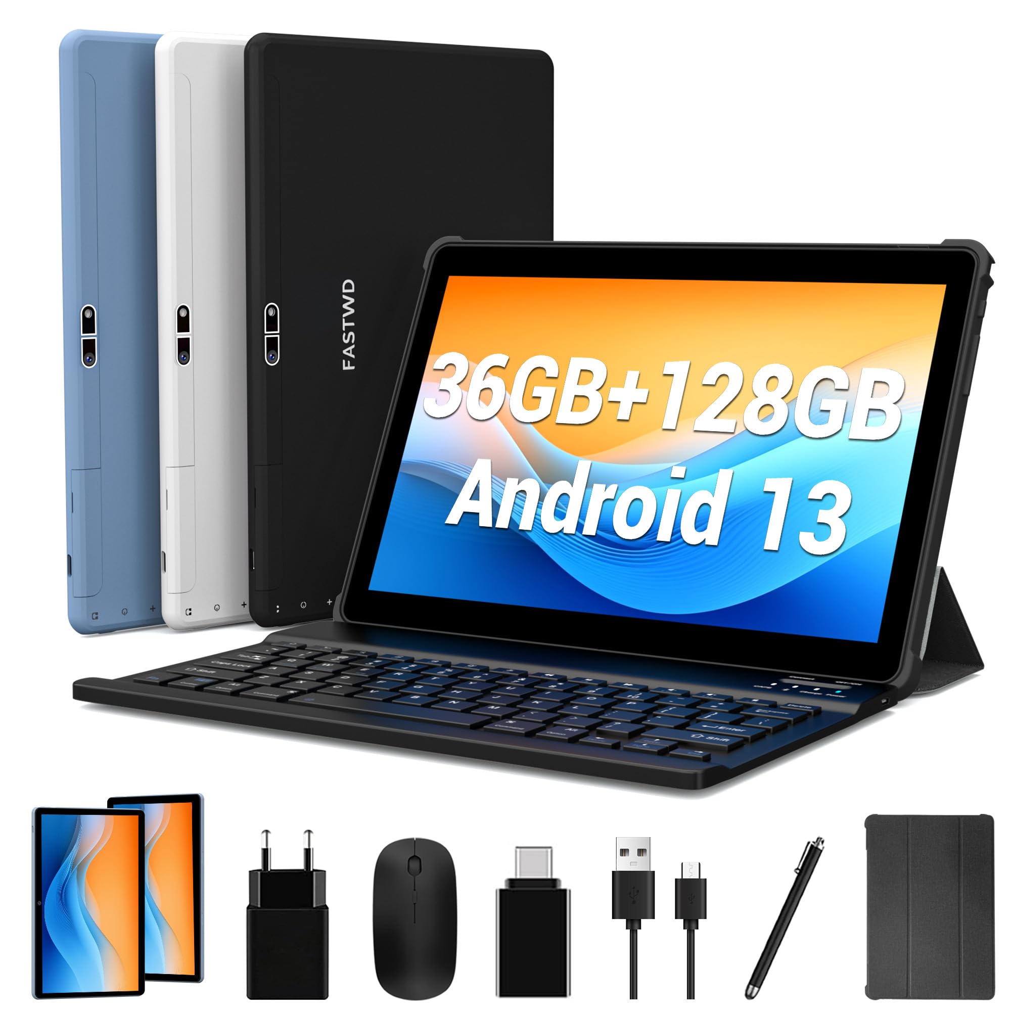 FASTWD 10 Inch Android 14 Tablet (2024 Model) - 5G WiFi Tablet PC with 36GB RAM & 128GB ROM (Expandable to 1TB), 8000mAh Battery, 2-in-1 Design Includes Keyboard, Stylus Pen & Mouse - Perfect for Work, Study & Entertainment (Blue)