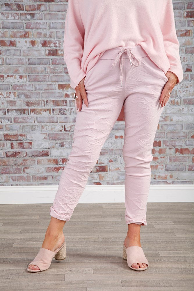 Magic Pants with Lurex Tie - Pale Pink | Women's Fashion Stretch Pants for Office, Party & Casual Wear