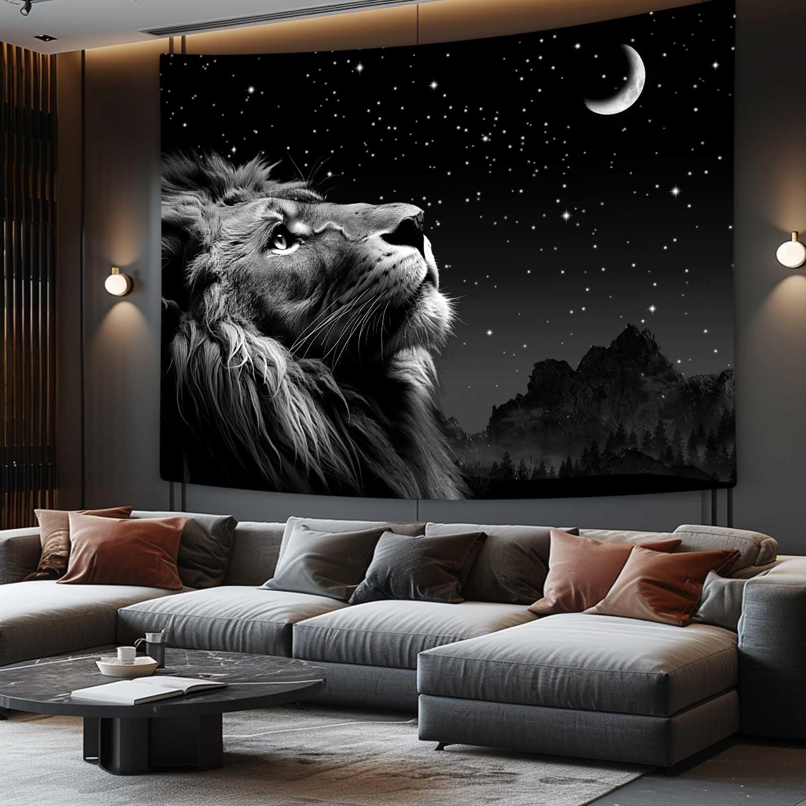Boziqr Cool Lion and Space Stars Moon Tapestry Wall Hanging - Aesthetic Black Decor for Bedroom, Living Room, Dorm - 60x40 Inches - Perfect for Bohemian Style, Teen Room & Meditation Space