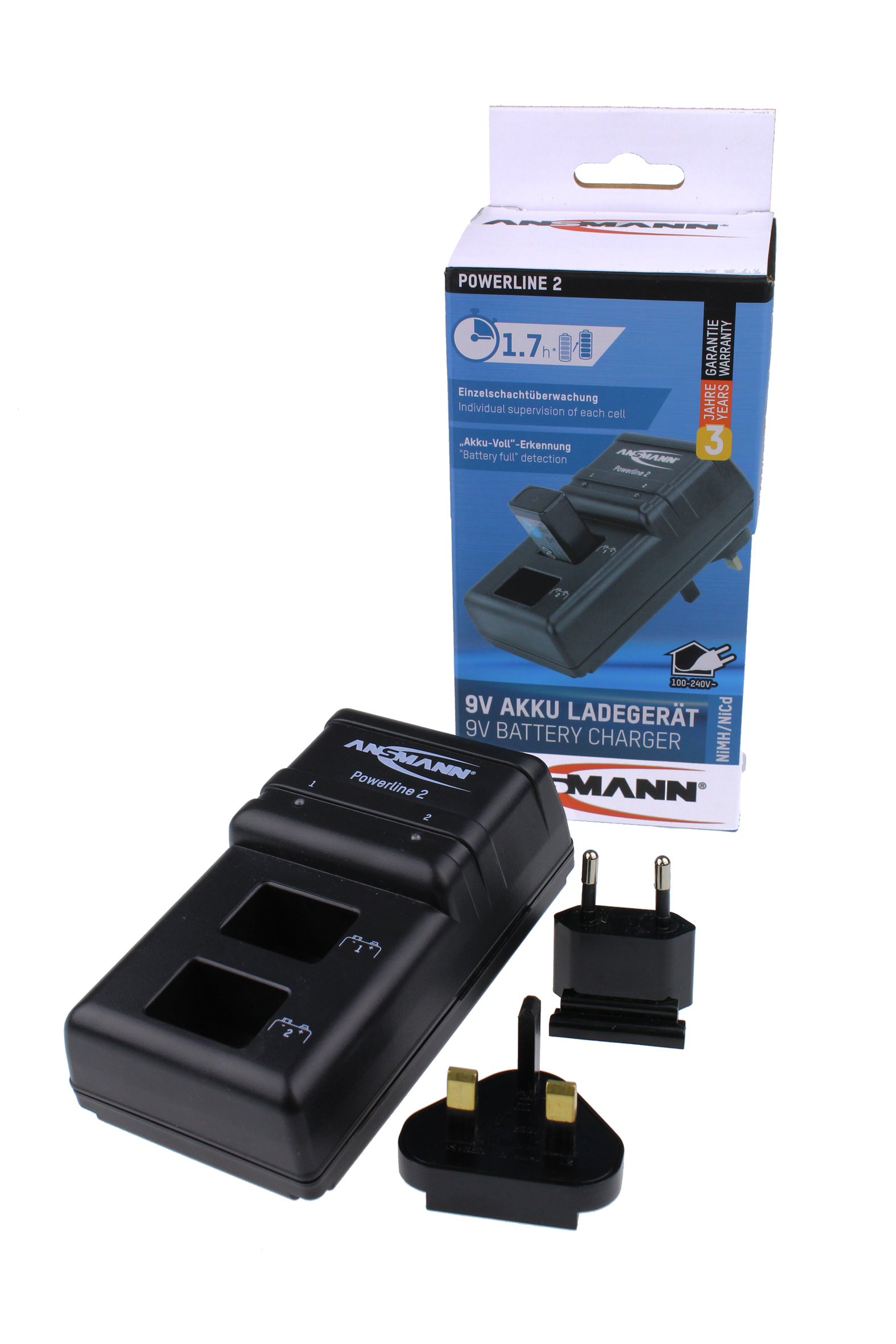 Ansmann Powerline 2 9V Battery Charger for NiMH NiCd Rechargeable Batteries - Fast Charging with LED Display, Overcharge Protection & Individual Slot Monitoring | Includes UK & EU Plugs | Perfect for Cameras, Toys, and Electronic Devices