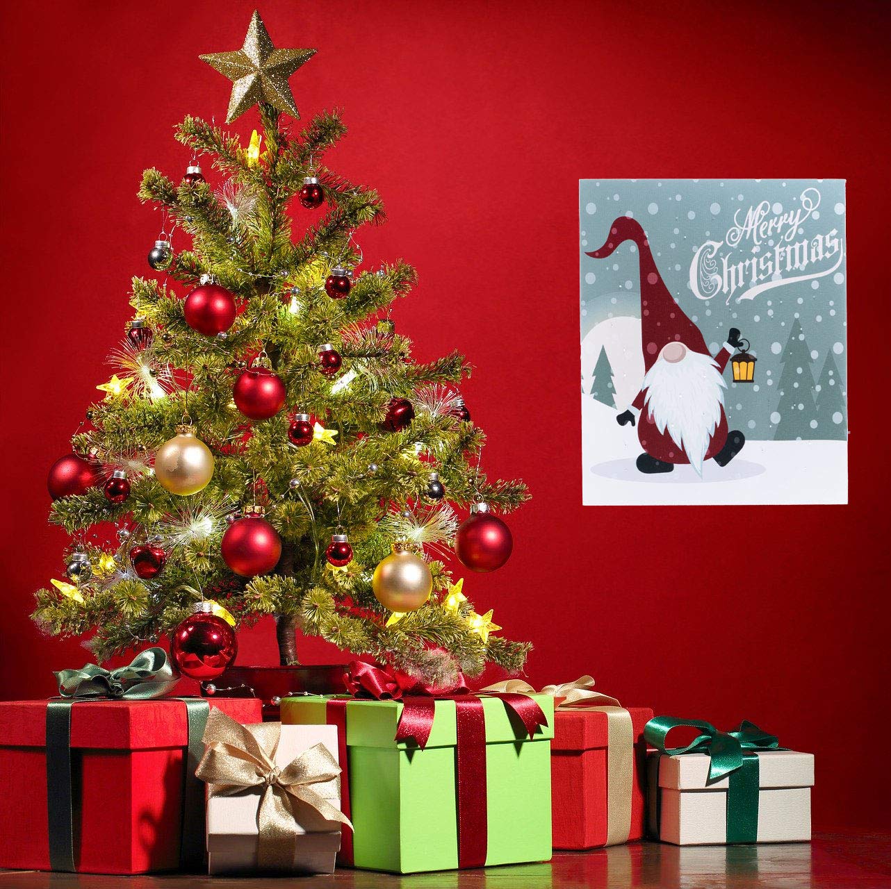 OSW Merry Christmas Gnome LED Lighted Canvas Wall Art - Winter Scene with Lantern, 17 x 13.75 Inches, Auto 6-Hour Timer, Battery Powered (AA) - Perfect for Holiday Home Decor, Gift Giving & Festive Ambiance