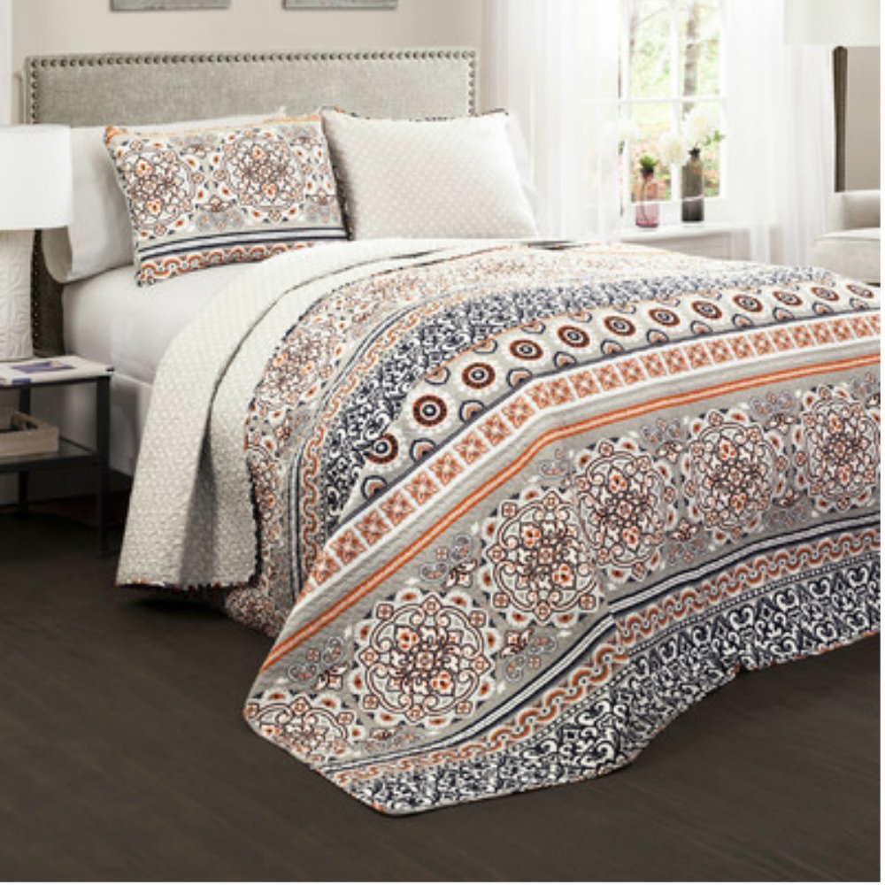 100% Cotton Lightweight Geometric Damask Quilt Set - Full/Queen Size 3-Piece Bedding Set in Gray, Coral, Navy | Soft Breathable Comforter for All-Season Use in Bedroom, Guest Room, Dorm