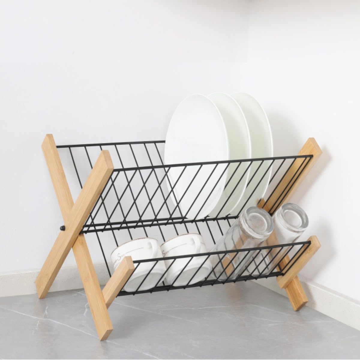 Premium 2-Tier Foldable Bamboo Dish Drying Rack with Stainless Steel Frame - Space Saving Kitchen Counter Organizer for Plates, Bowls & Utensils - Perfect for Small Apartments, RVs & Compact Kitchens (Model SS-01)