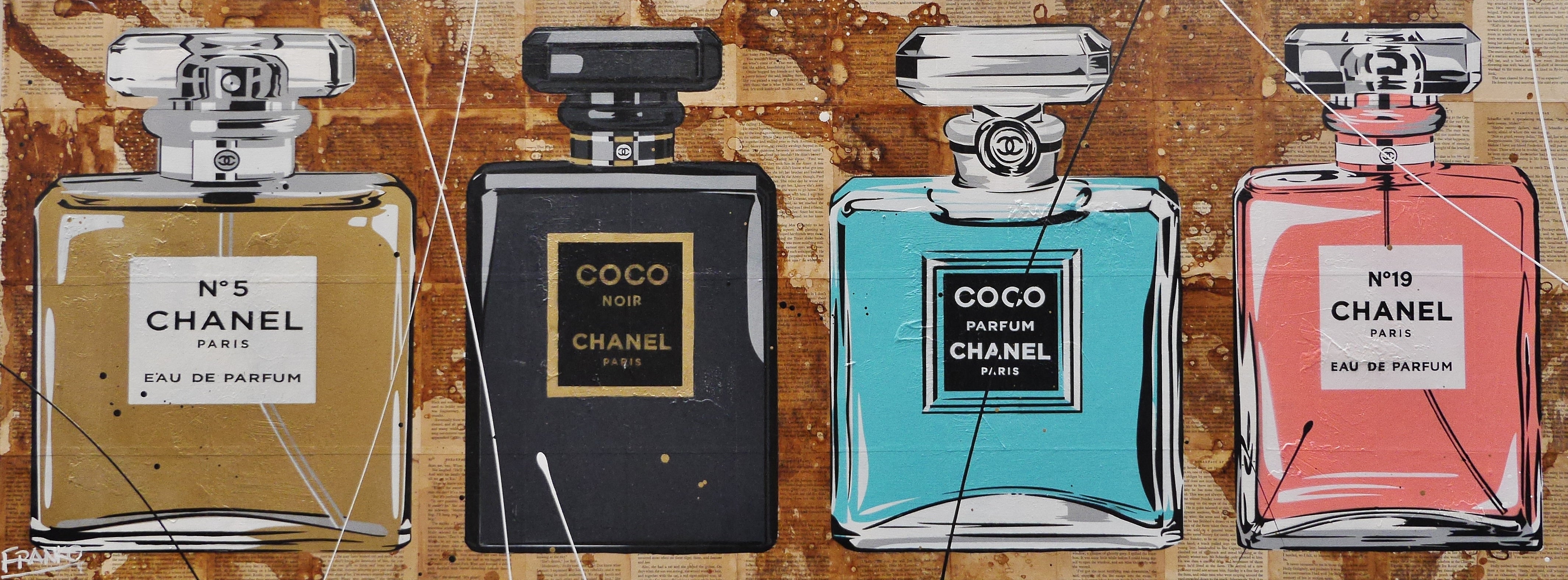 Chanel Perfume Bottles Urban Pop Art Painting - 63x24 Inch Large Canvas Wall Decor for Living Room, Bedroom & Office - Perfect Gift for Book Club Members & Perfume Lovers