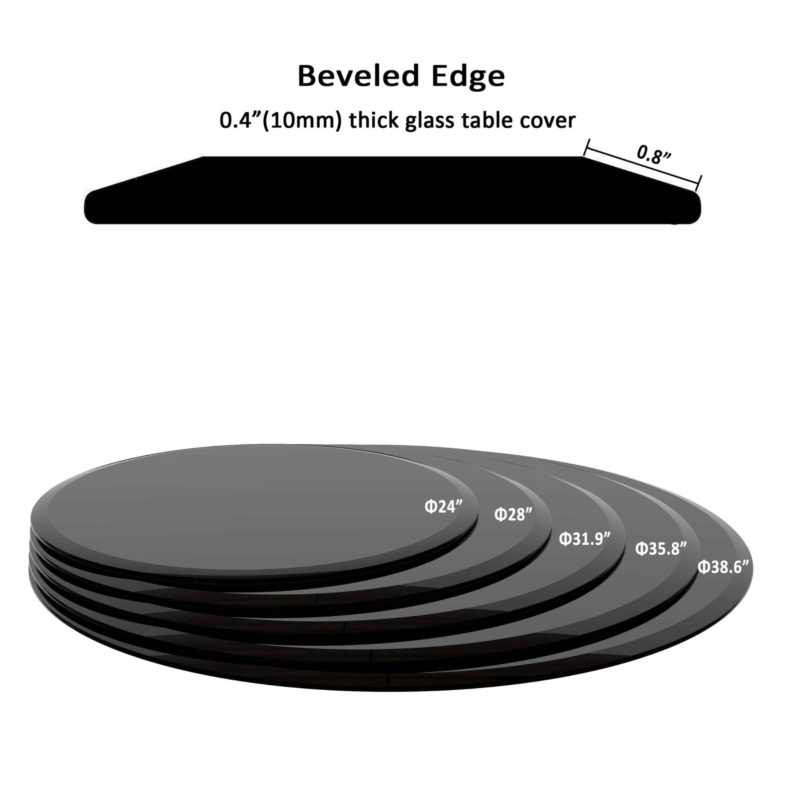 38.6 Inch Round Tempered Glass Table Top - 2/5 Inch Thick Black Glass with Beveled Polished Edge - Perfect for Dining Tables, Coffee Tables, and Modern Home Decor