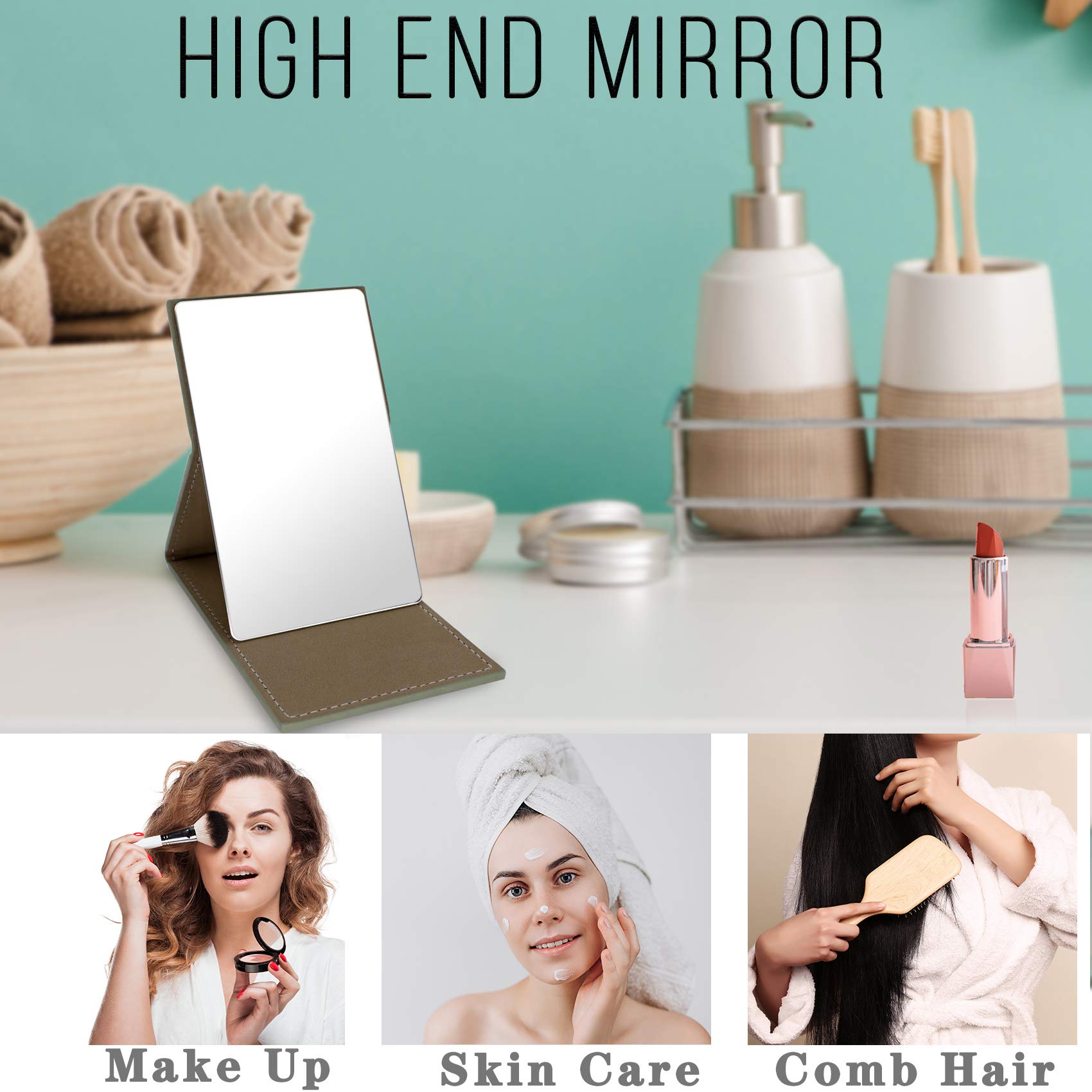 HOHIYO Compact Travel Mirror - Shatterproof Stainless Steel Folding Mirror with PU Leather Case for Makeup, Portable & Durable - Perfect for Travel, Camping, Home & Office Use (Grey)