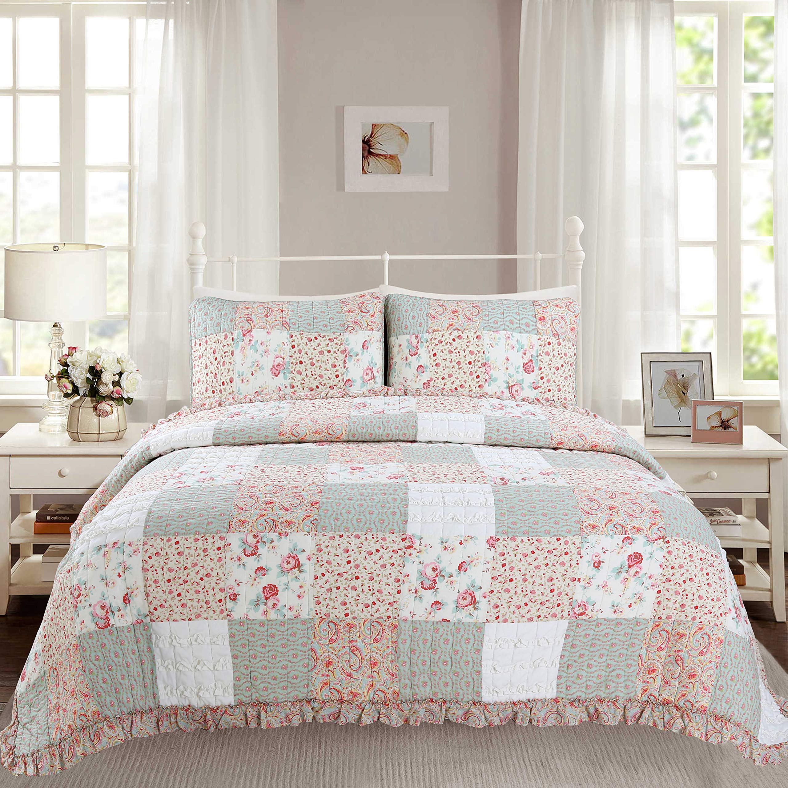Cozy Line Home Fashions 3-Piece Reversible Queen Quilt Set - Floral & Paisley Patchwork Design in Pink, Blue, Yellow & Green | Perfect for Tea Party, Garden Theme Bedrooms & Boho Chic Home Decor