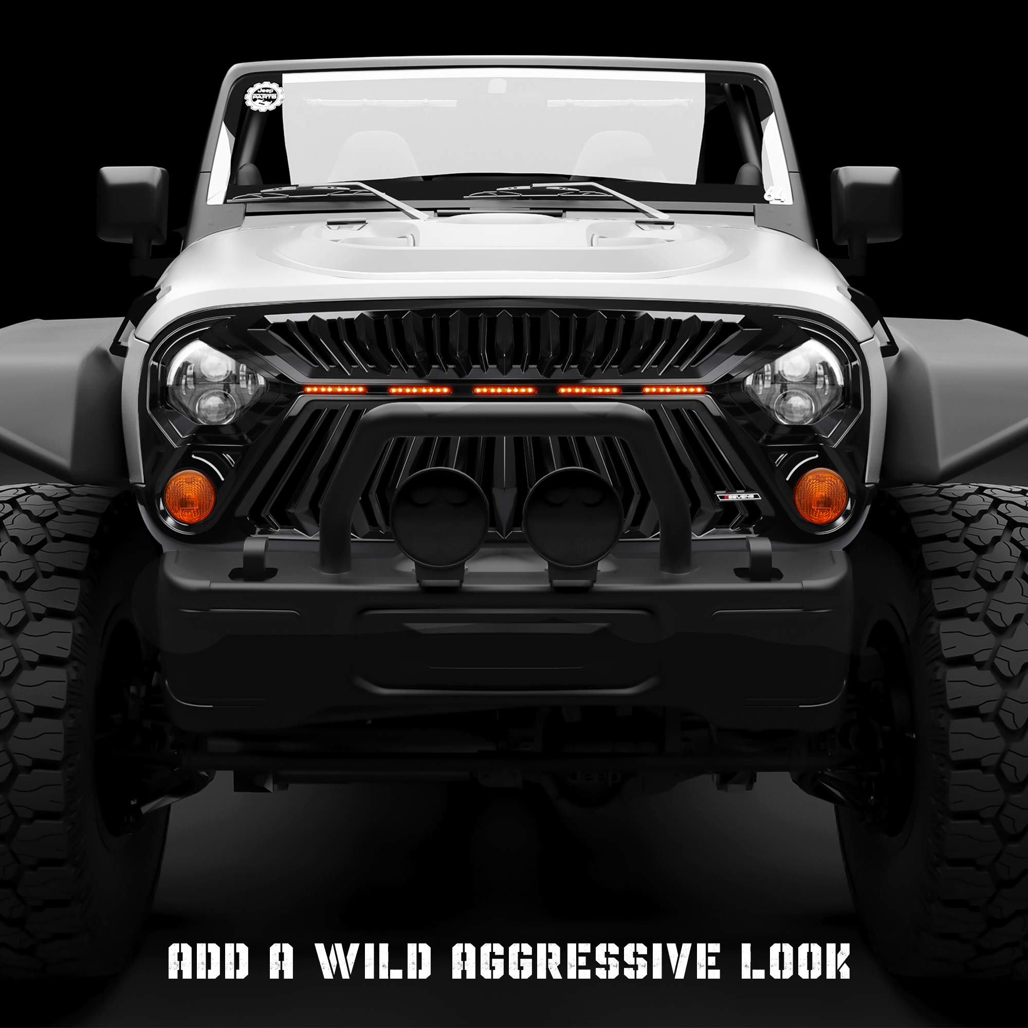 SEVEN SPARTA Jeep Wrangler JK/JKU Front Grill (2007-2018) - Thunderfury Style with 5 LED Grille Lights, Strip, Clips & Rivets - Gloss Black Paint | Off-Road Upgrade & Customization Accessory
