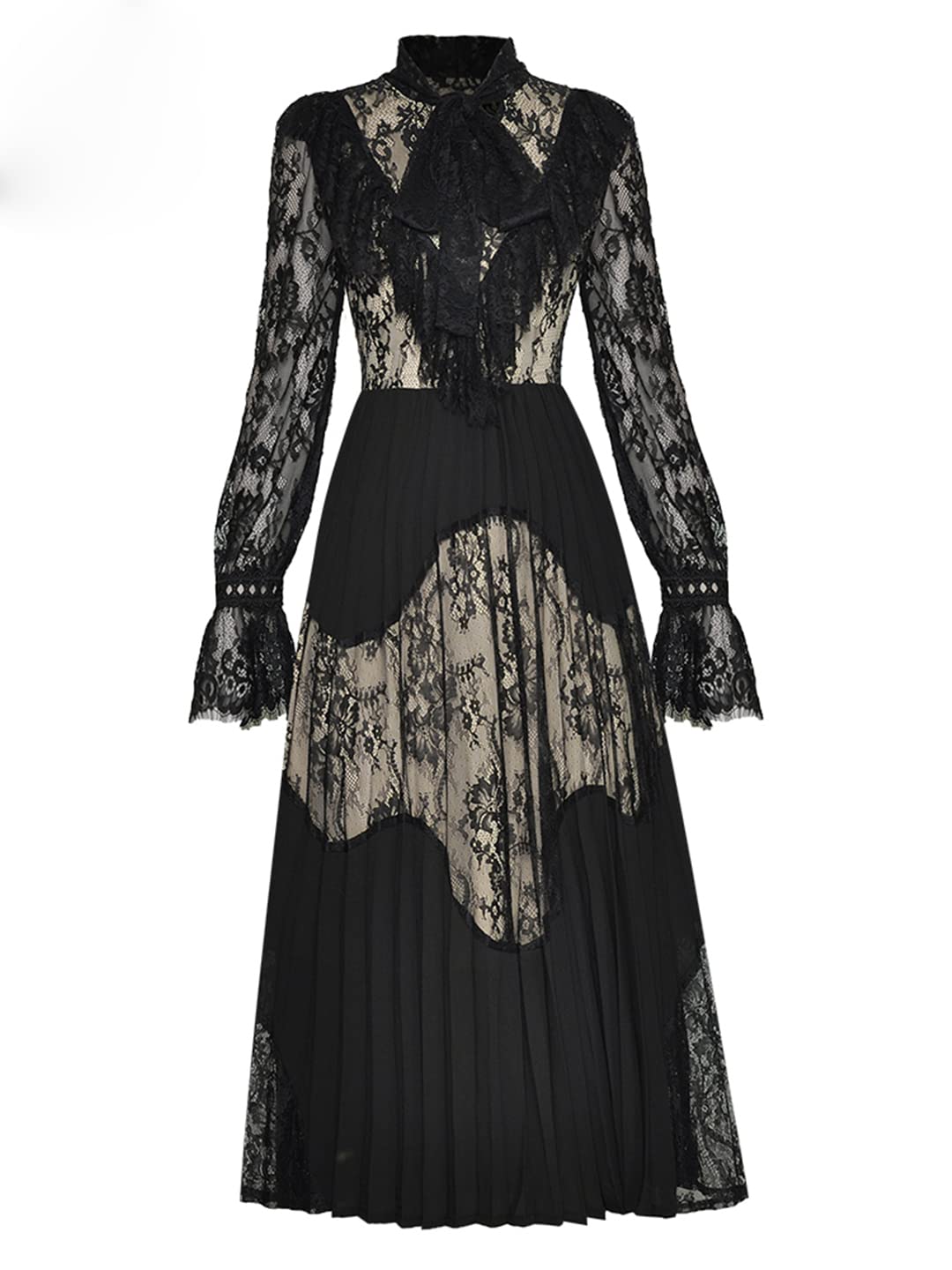 Elegant Black Lace Vintage Dress for Women - Long Puff Sleeve Spring Party Gown with Splicing Detail | Perfect for Cocktail Parties, Weddings & Vacation Getaways