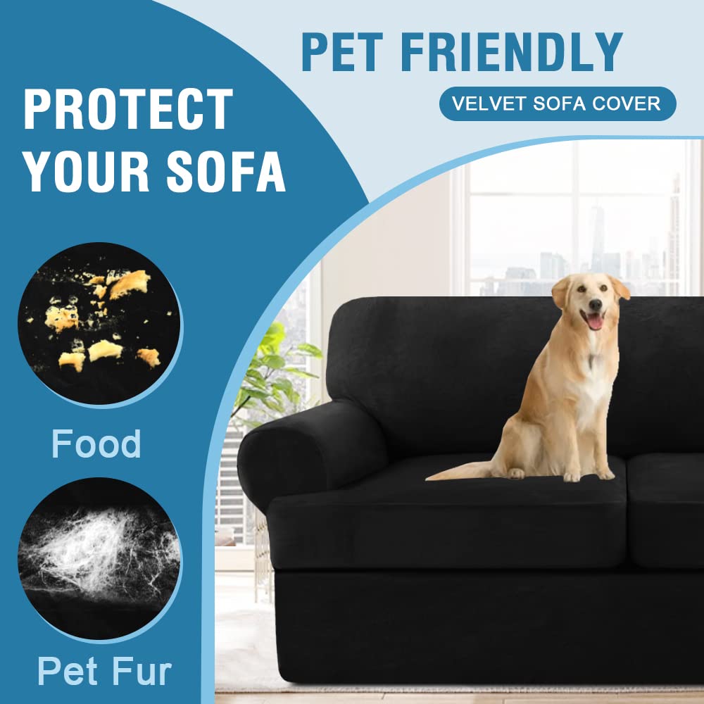 H.VERSAILTEX 4-Piece Velvet Stretch Sofa Slipcover Set - Washable T Cushion Covers for 3-Seater Couch, Furniture Protector (Black) | Perfect for Living Room, Family Room & Home Decor Protection