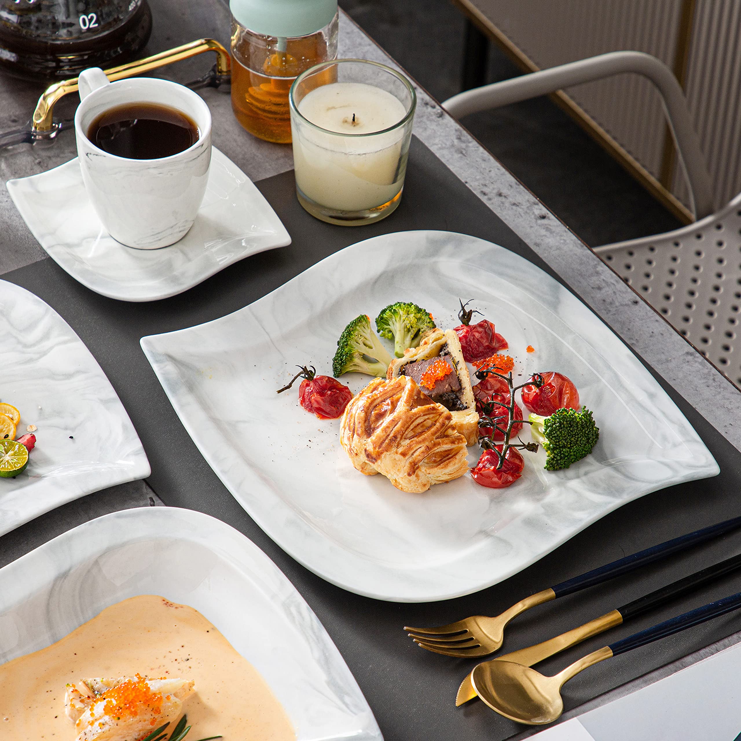 30-Piece MALACASA Porcelain Dinnerware Set for 6 - Modern Square Plates, Bowls, Cups & Saucers - Marble-Look Dish Set (Elvira Series) - Perfect for Family Dinners, Entertaining Guests & Restaurant-Style Dining
