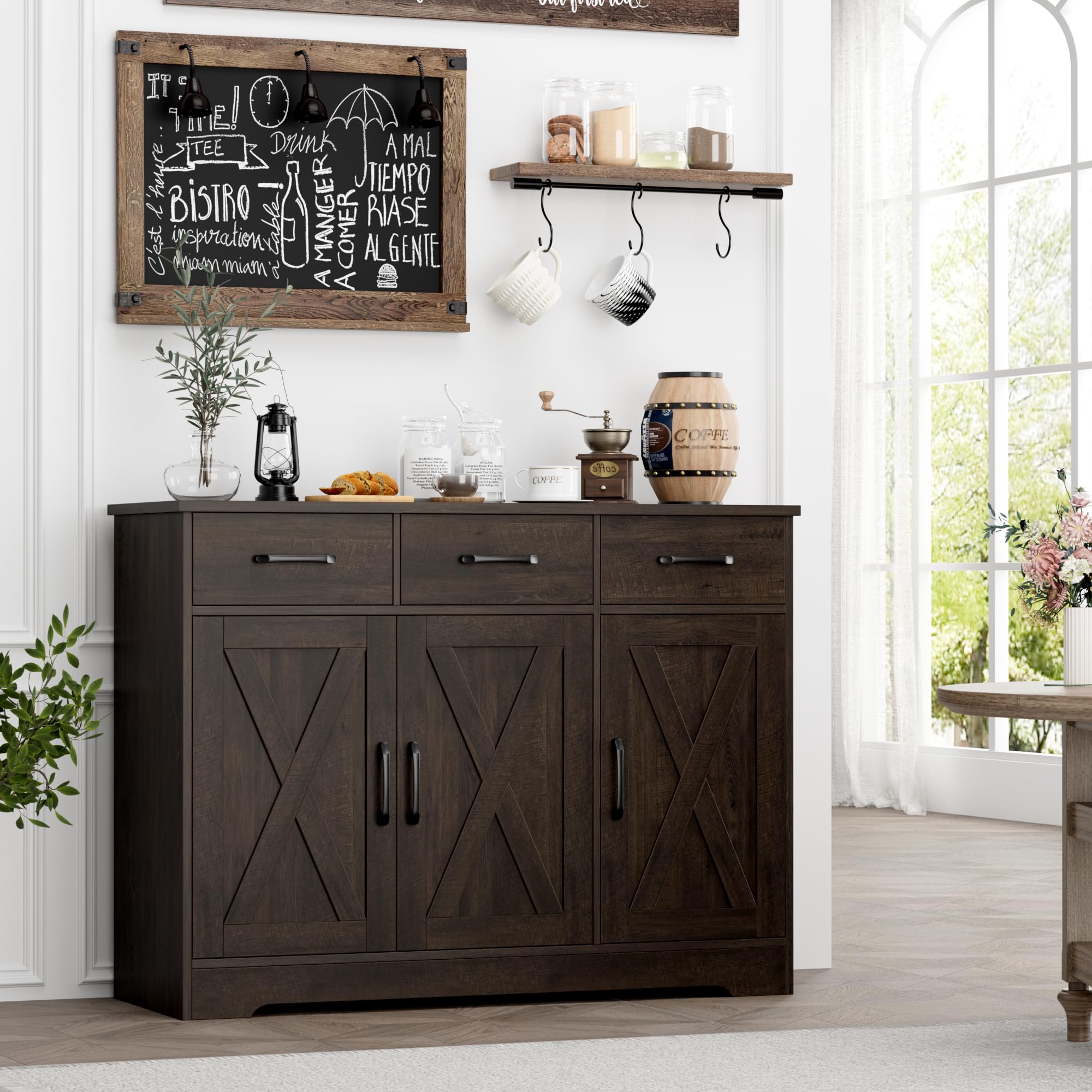 Modern Farmhouse Buffet Sideboard Cabinet with Barn Doors - Wood Storage Cabinet with Drawers & Shelves for Dining Room, Kitchen, Living Room - Dark Brown Coffee Bar Organizer for Home Decor & Entertaining