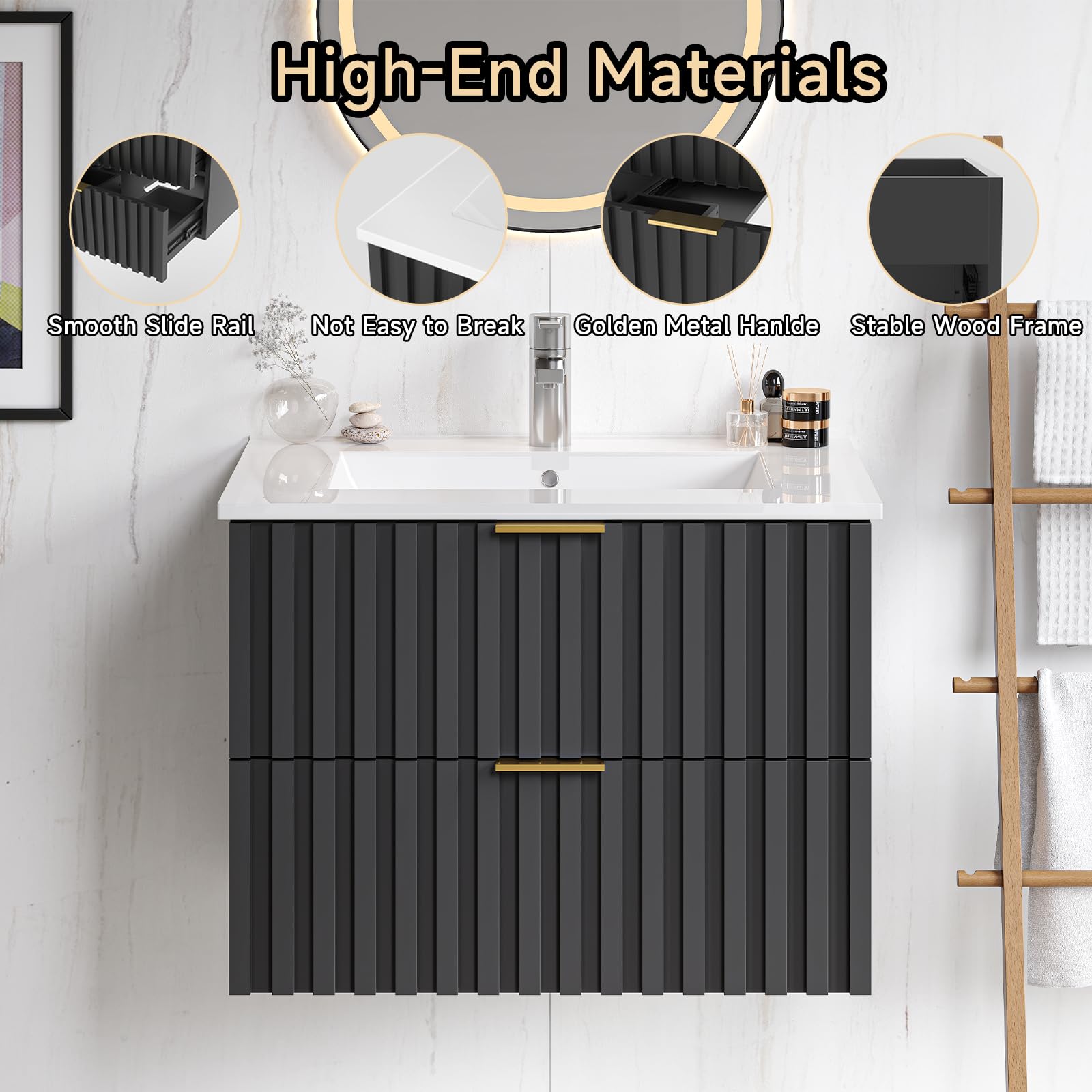 24 Inch Floating Bathroom Vanity with Sink Combo - Modern Wall Mount Storage Cabinet with 2 Fluted Drawers, Metal Handles & Ceramic Integrated Sink - Space Saving Design for Small Bathrooms, Powder Rooms or Apartments (Black)