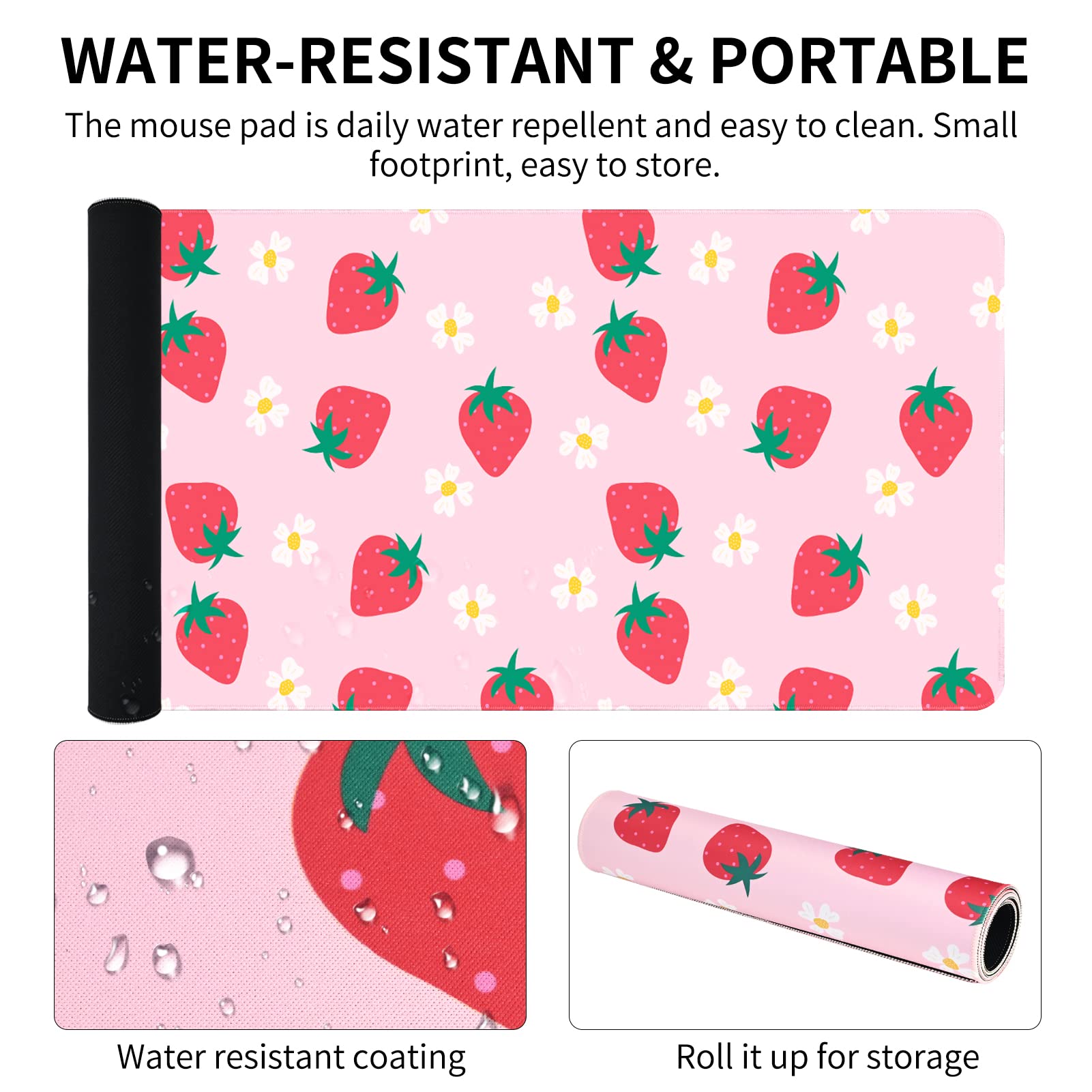 Seorsok XXL Extended Gaming Mouse Pad - 31.5x15.7 Inch Large Desk Mat with Non-Slip Rubber Base & Stitched Edges - Pink Strawberry Design for Girls - Perfect for Gaming, Office Work & Computer Use