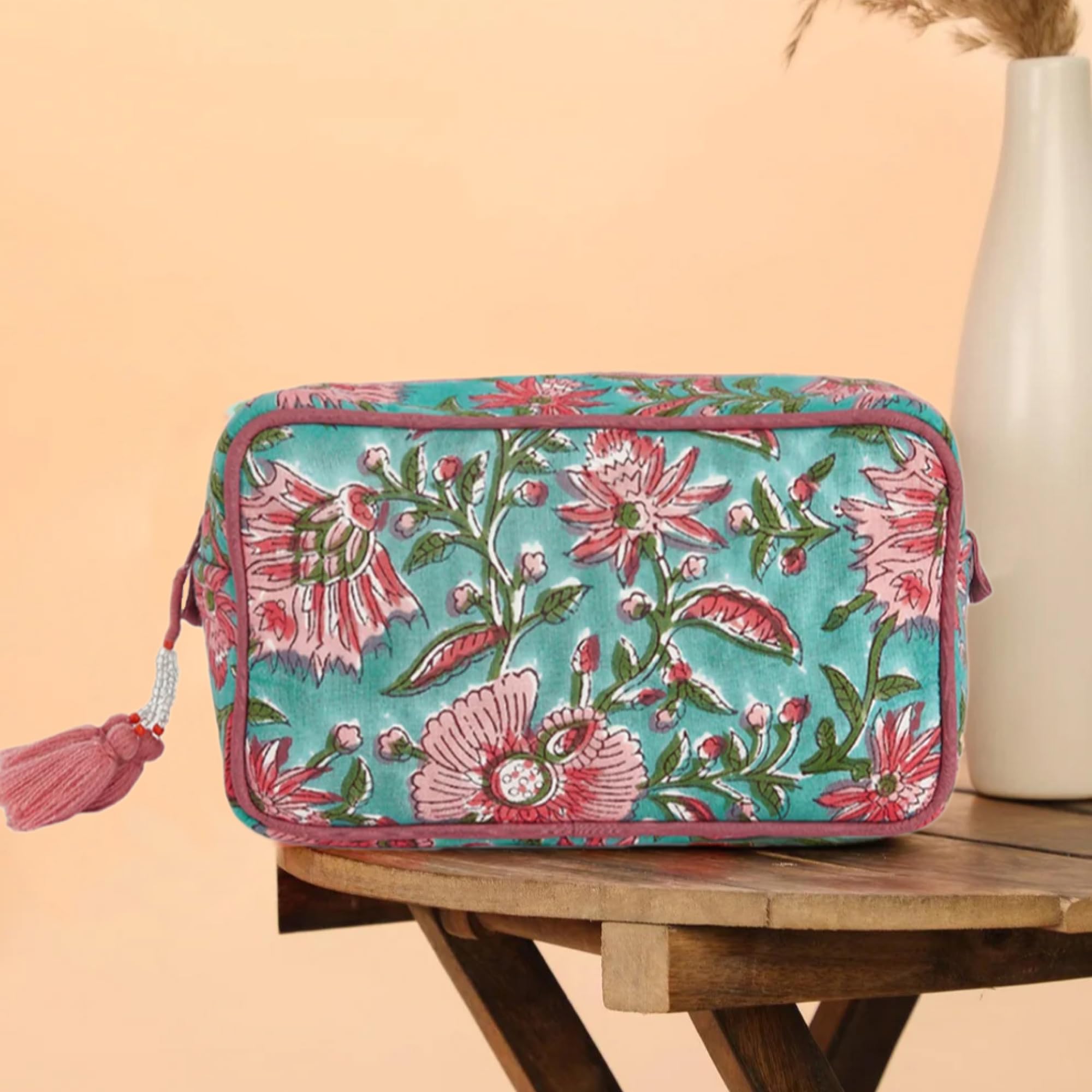 Large Waterproof Travel Makeup Bag for Women - Spacious Cosmetic Organizer with Water-Resistant Lining - Portable Toiletry Pouch for Makeup Essentials (Green & Pink Floral) - Perfect for Vacation, Gym & Daily Use