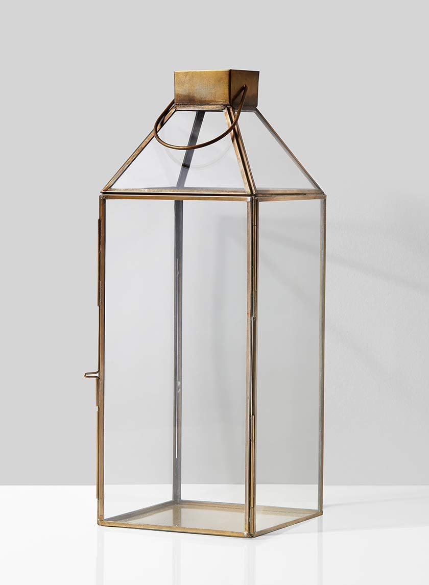 Large Gold Decorative Hurricane Lantern Candle Holder with Glass Panels - 16 Inch Tall Set of 4 - Elegant Home Decor for Dining Table, Wedding Centerpiece, Outdoor Patio Lighting