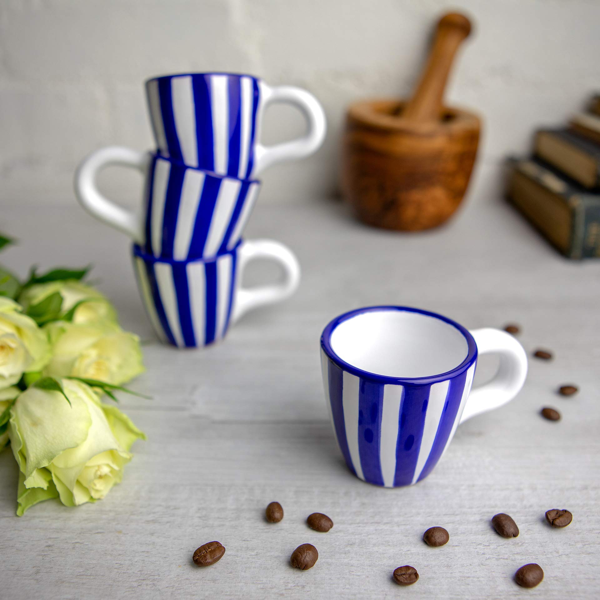 Handcrafted Navy Blue Stripe Ceramic Espresso Cups Set of 4 - Small Demitasse Mugs for Espresso Machines & Coffee Makers | Perfect for Home, Café & Coastal-Themed Kitchens