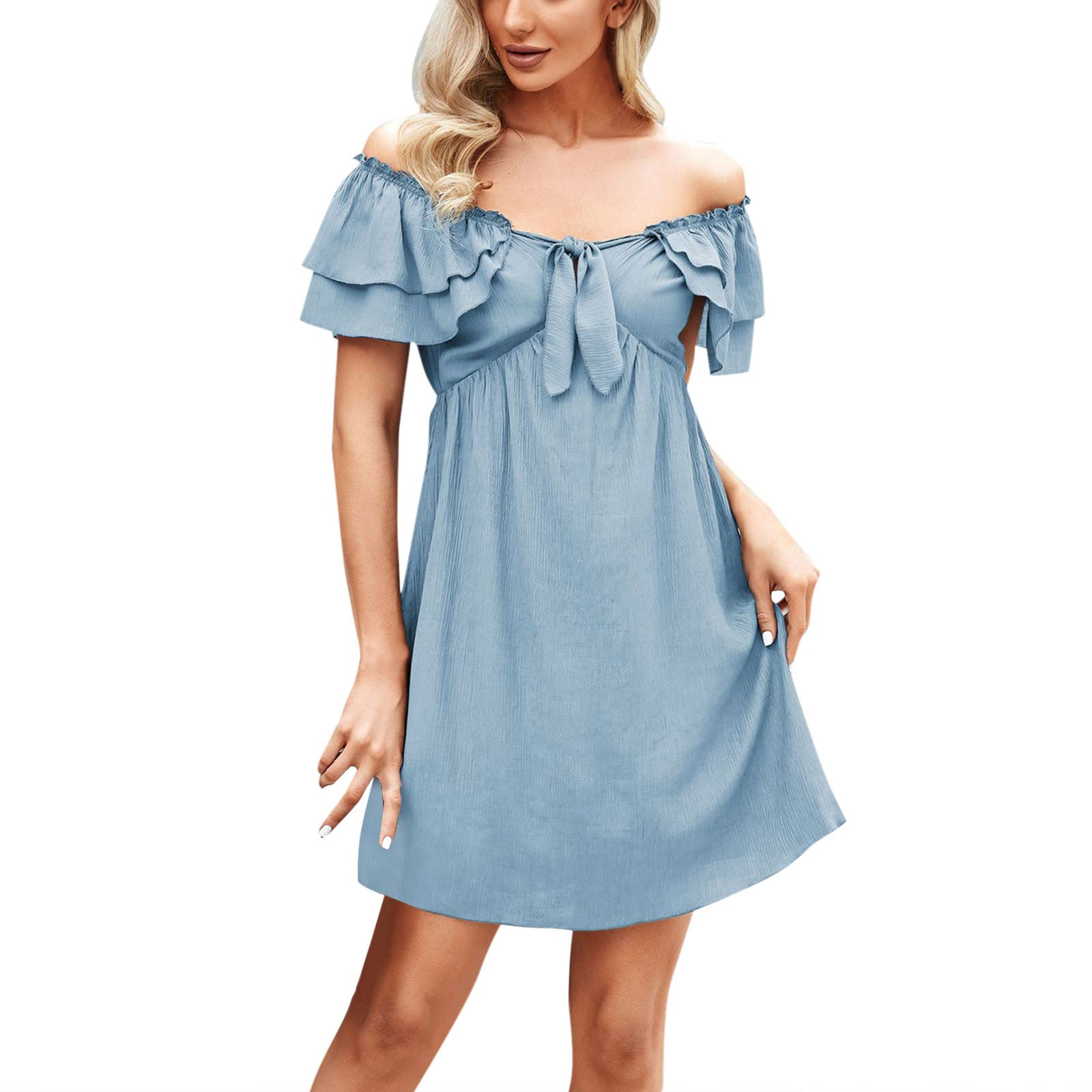UYTOGOFE Women's Summer Off-Shoulder Ruffled Mini Dress - Solid Color A-Line Sleeveless Casual Dress for Beach, Party & Vacation