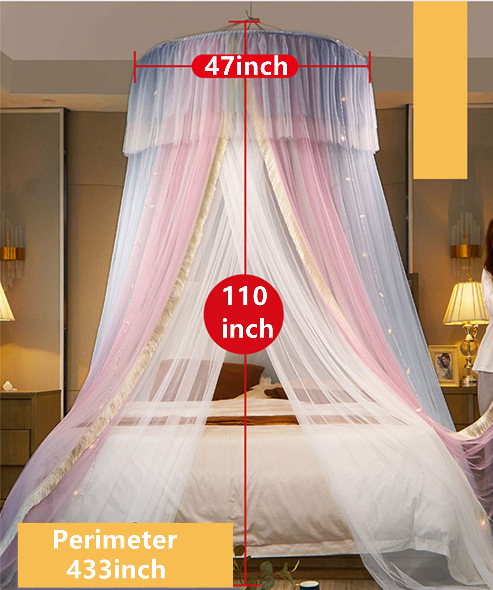 Princess Bed Canopy for Girls - Double Layer Sheer Mesh Dome Bed Curtain with Round Lace, Mosquito Net Tent for Twin Full Queen King Size Beds (Pink/Grey/White) - Perfect for Kids' Bedrooms, Nursery Decor, and Fairy Tale Themed Parties