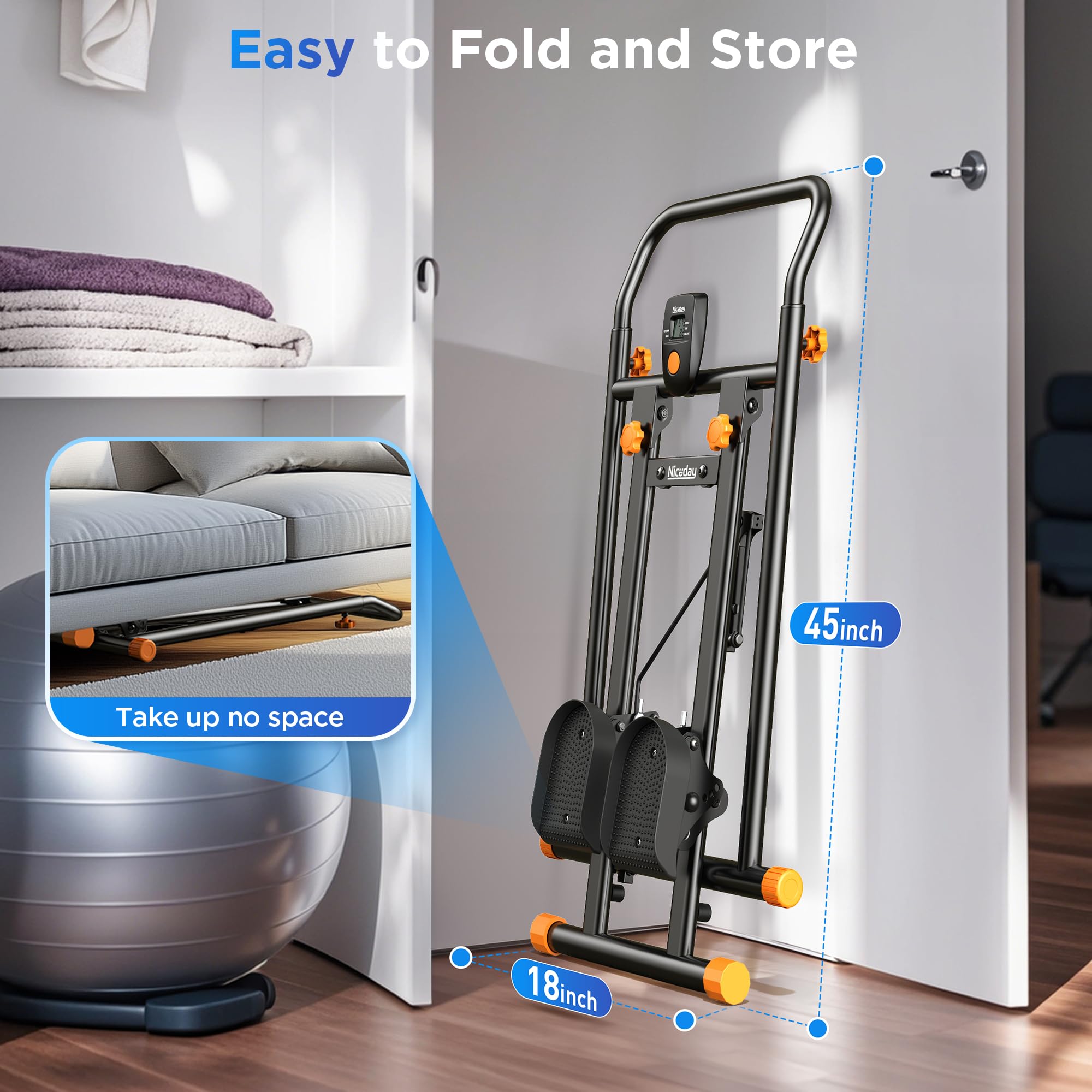 Niceday Stepper Machine for Home Workout - 18IN Extended Stride Stair Climber with Adjustable Handlebar & Pedals, Foldable Vertical Climber Exercise Equipment (300LBS Capacity) - Perfect for Cardio, Leg Toning & Home Gym Fitness