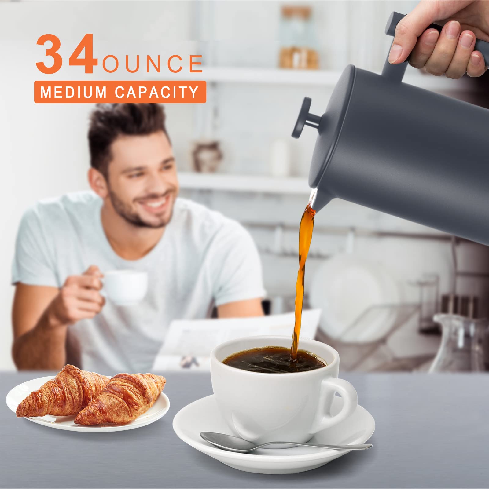 Secura 34oz (1L) Stainless Steel French Press Coffee Maker - 304 Grade Insulated Coffee Press with 2 Extra Screens, Grey - Perfect for Home, Office & Camping Brewing