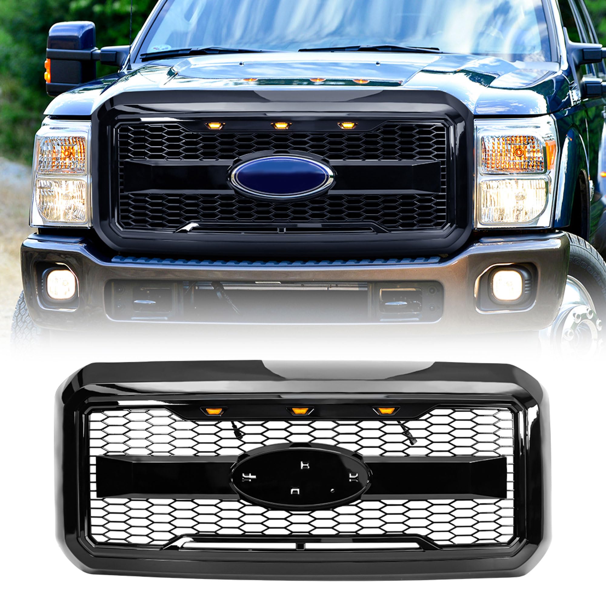 **2011-2016 Ford F250 F350 F450 F550 Raptor Style Front Grille with Amber LED Lights & Emblem Base - Glossy Black | Off-Road & Truck Customization Upgrade**    *(Use Case: Enhance your Ford Super Duty truck's aggressive look and visibility with this durable Raptor-style grille, perfect for off-roading, truck shows, or daily driving.)*