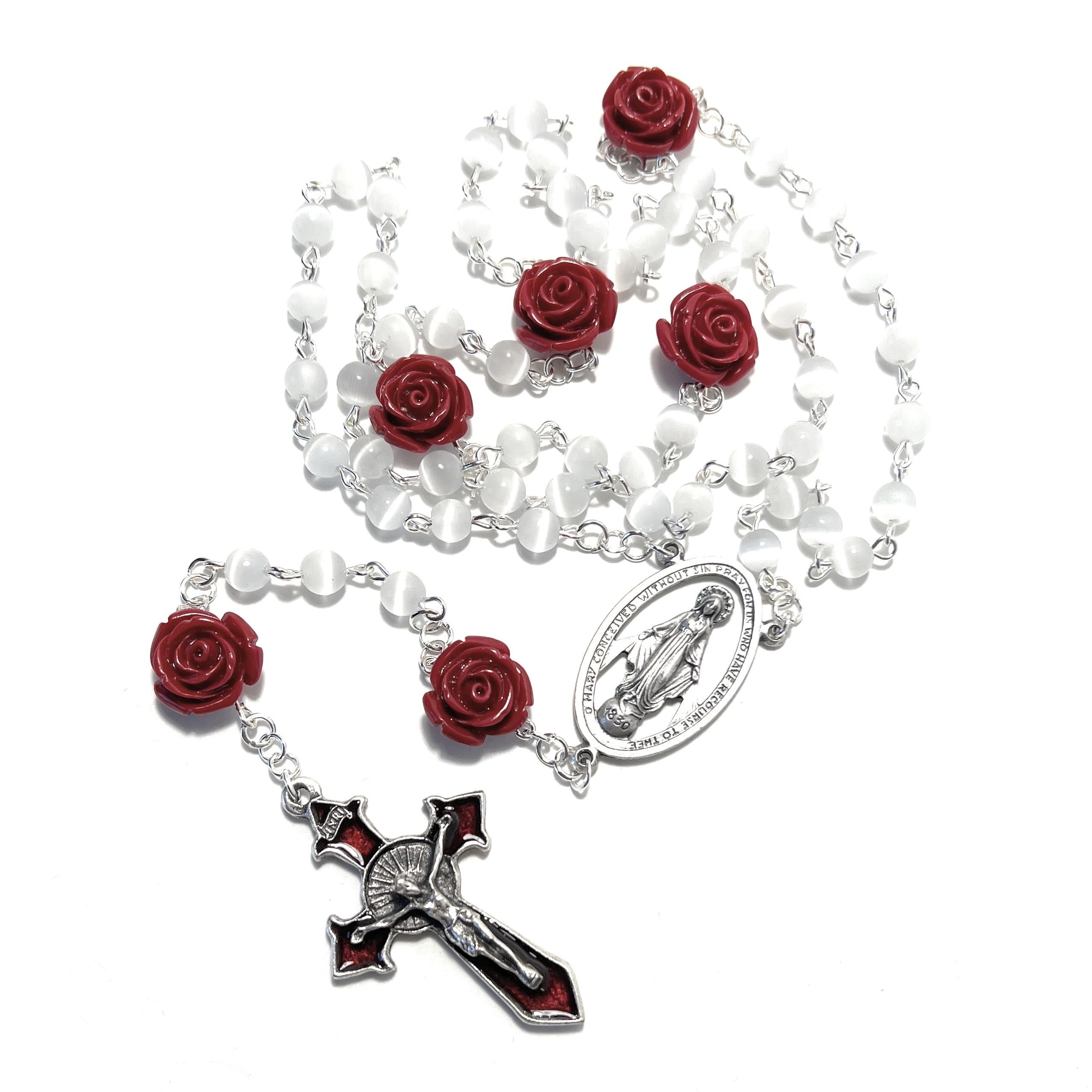 Beautiful White and Red Rose Beads Rosary with Optional Charm Add-On - Perfect for Prayer, Meditation, and Catholic Gifts