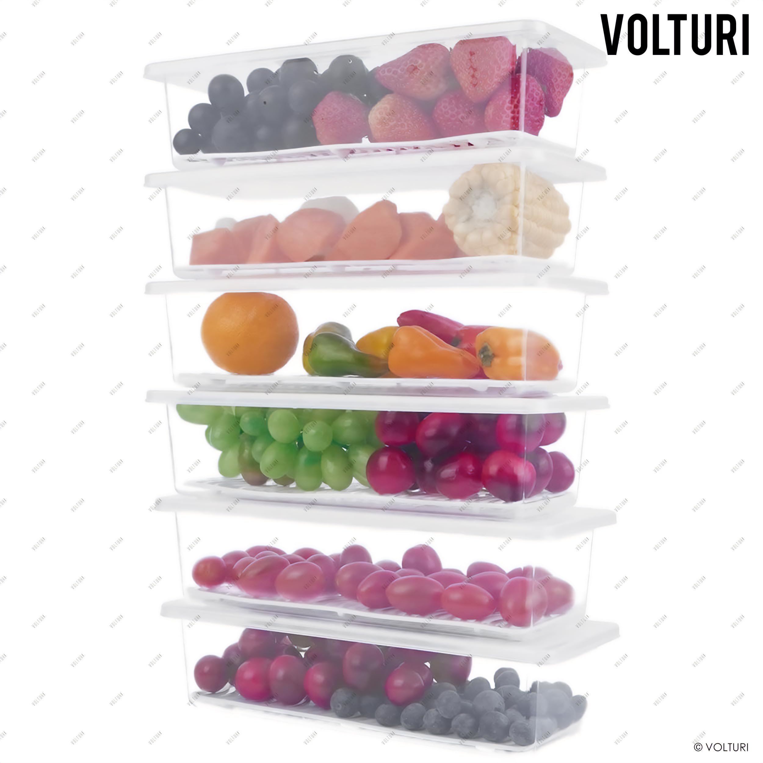VOLTURI 6-Pack Fridge Storage Containers with Removable Drain Plate & Lids - Stackable Food Organizer for Fruits, Vegetables - 1500ML BPA-Free Kitchen Storage Boxes - Perfect for Meal Prep & Refrigerator Organization