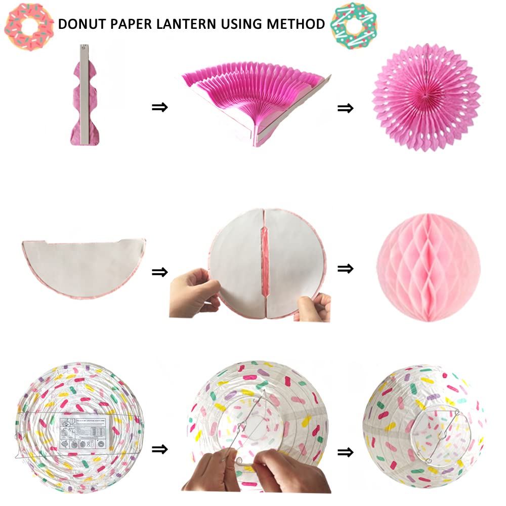 Aiminjey 15PCS Donut Birthday Party Decorations Set - Hanging Donut Paper Lanterns, Honeycomb Balls & Paper Fans for Baby Shower, Ice Cream Party (Blue & Pink Theme, 15 Pieces) - Perfect for Kids Birthday, Dessert-Themed Events & Classroom Celebrations