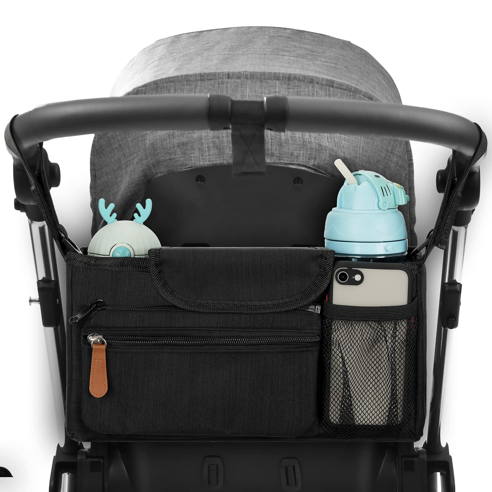 Universal Stroller Organizer with 2 Cup Holders & Detachable Bag - Baby Stroller Accessories for Bottles, Diapers, Phone, Toys - Fits All Strollers (Black) - Perfect for Park Walks, Shopping Trips & Family Outings