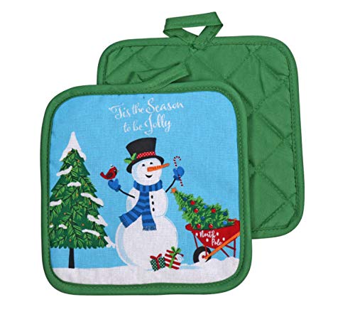 Farmhouse Style Snowman Kitchen Towel Set with Pot Holders, Oven Mitt & Whisk - Christmas Holiday Decor & Baking Essentials for Cozy Winter Cooking