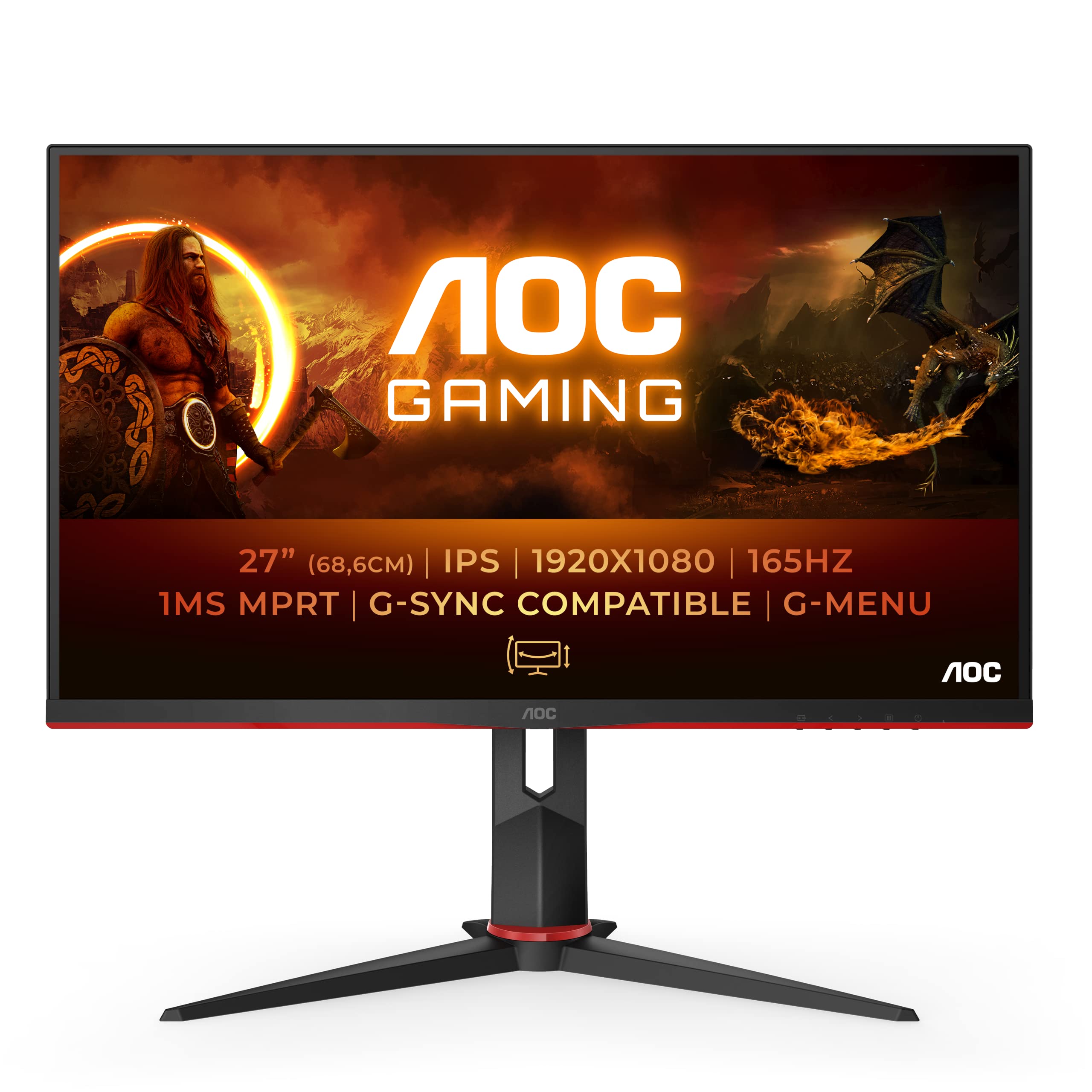 AOC 27G2SP 27 Inch FHD Gaming Monitor - 165Hz Refresh Rate, 1ms Response Time, AMD FreeSync Premium, 1920x1080 Resolution (VGA/HDMI/DisplayPort) Black/Red - Perfect for Esports, Competitive Gaming & Home Office Setup
