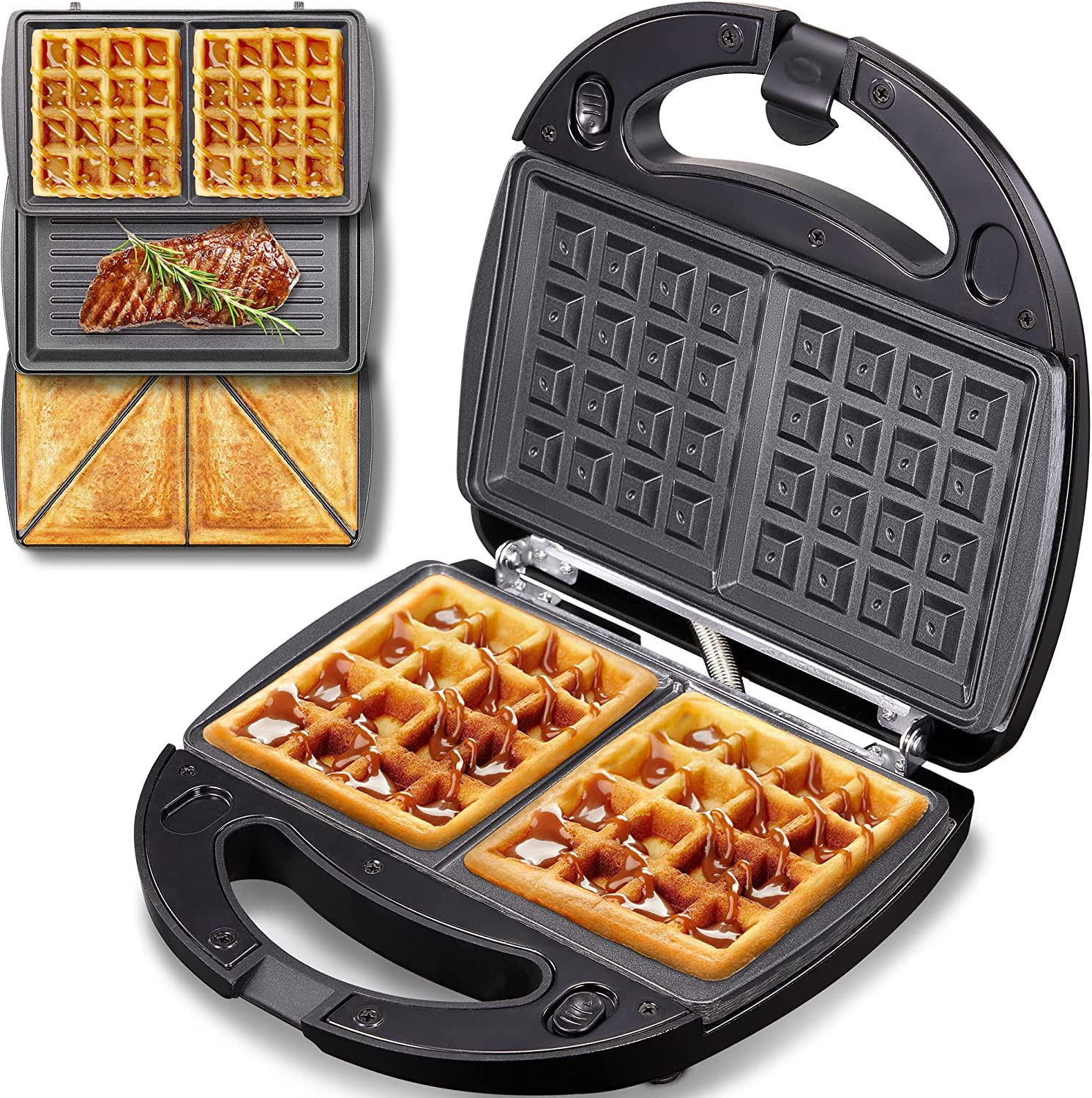 Yabano 3-in-1 Sandwich Toaster - Waffle Maker & Panini Press with Detachable Non-Stick Plates, LED Indicator, Cool-Touch Handle, 800W (Dishwasher Safe) - Perfect for Breakfast, Snacks & Party Food Preparation