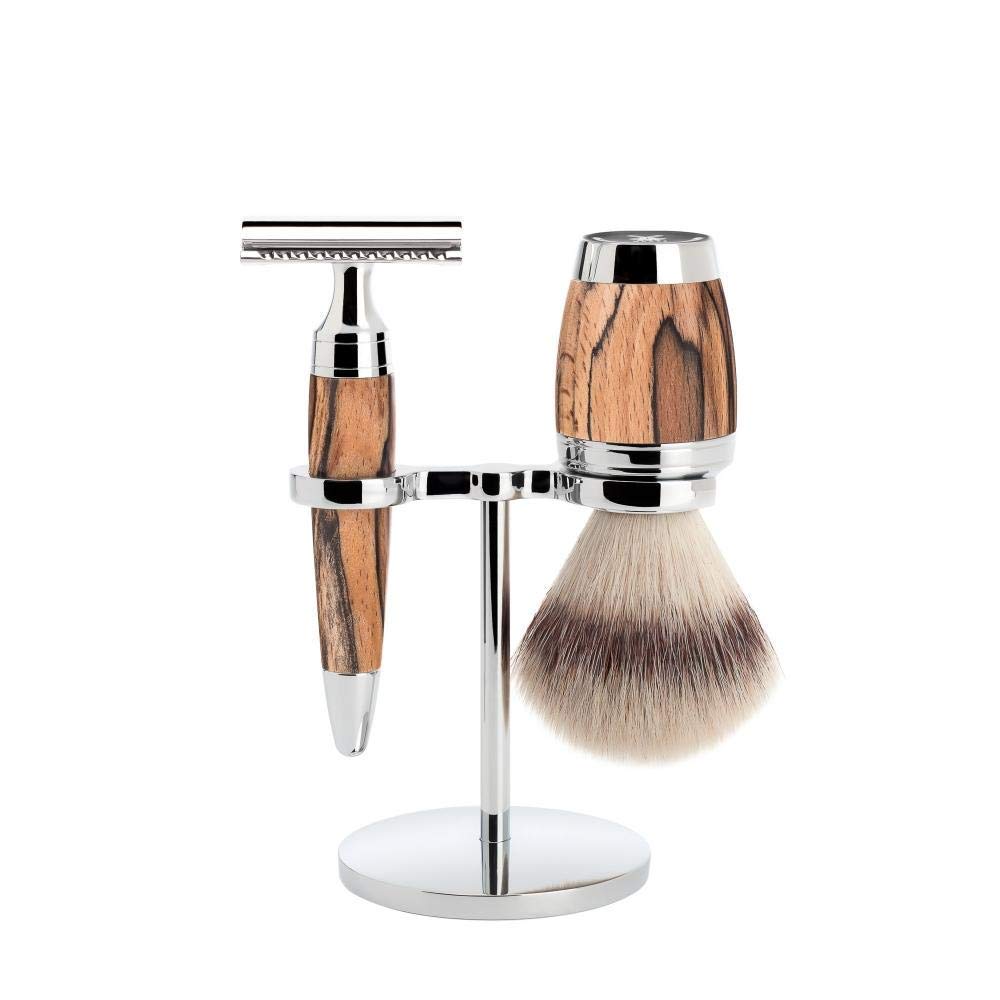 Premium MÜHLE STYLO Spalted Beech 3-Piece Safety Razor Set with Silvertip Fibre Brush - Luxury Wet Shaving Kit for Men, Perfect Gift for Father's Day & Travel Shaving Essentials