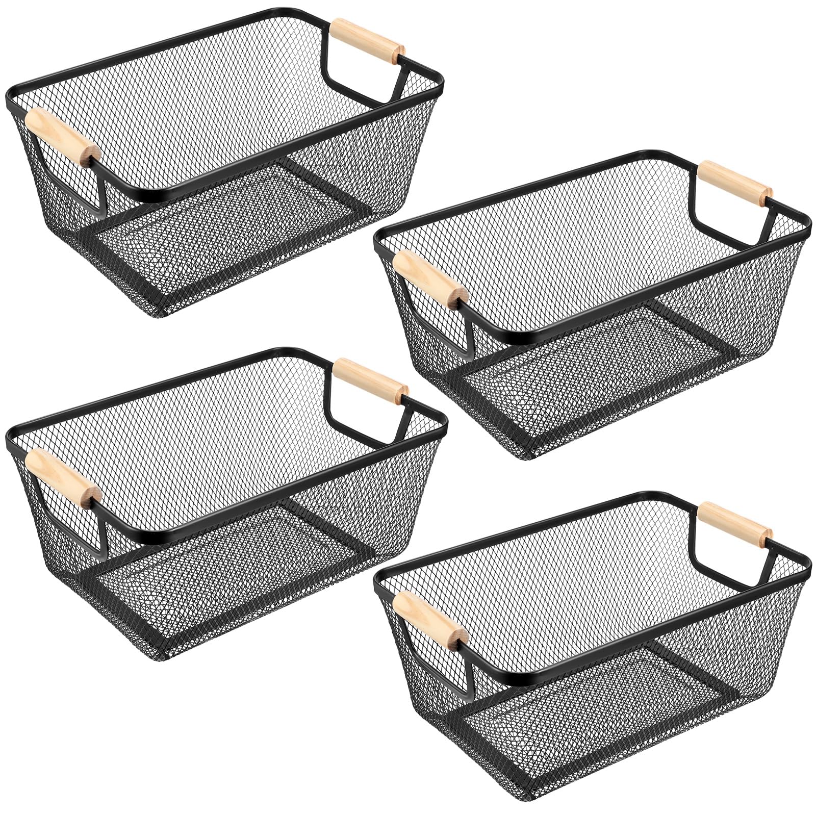 4-Piece Black Metal Wire Baskets with Wooden Handles - Rustic Steel Mesh Storage Organizers for Kitchen, Pantry, Closet & Refrigerator - Perfect for Organizing Fruits, Snacks, Makeup & Gifts (Medium Size) | Home Organization Solution for Cabinet & Countertop Storage