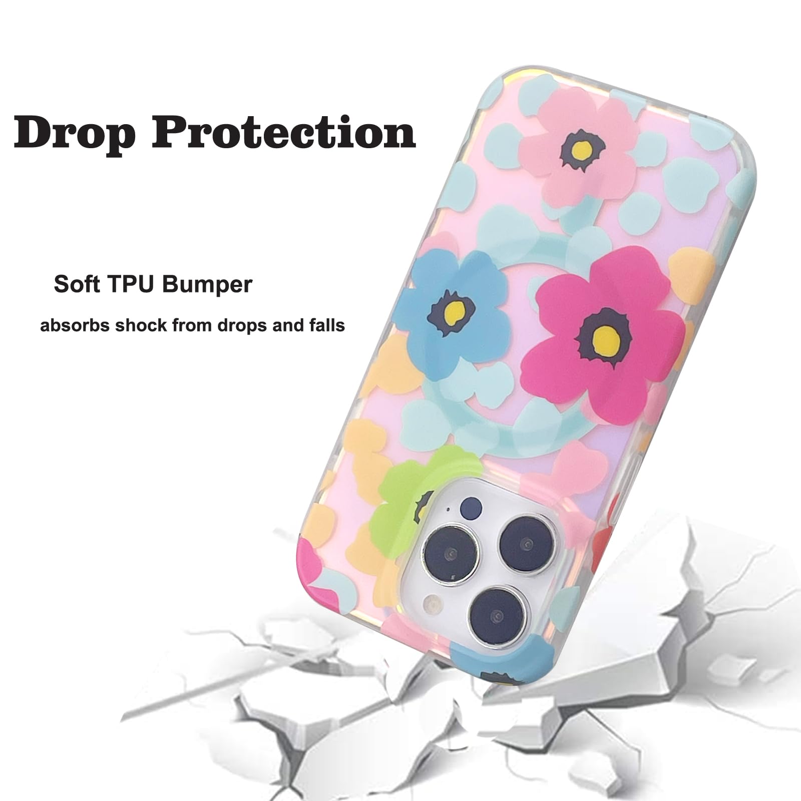 Magnetic Case for iPhone 13 Pro Max 6.7 inch - Slim Shockproof Protective Cover with TPU Bumper & Screen Protector | Compatible with MagSafe Charging | Cute Holographic Blue Pink Floral Design | Perfect for Daily Use, Travel & Work Protection