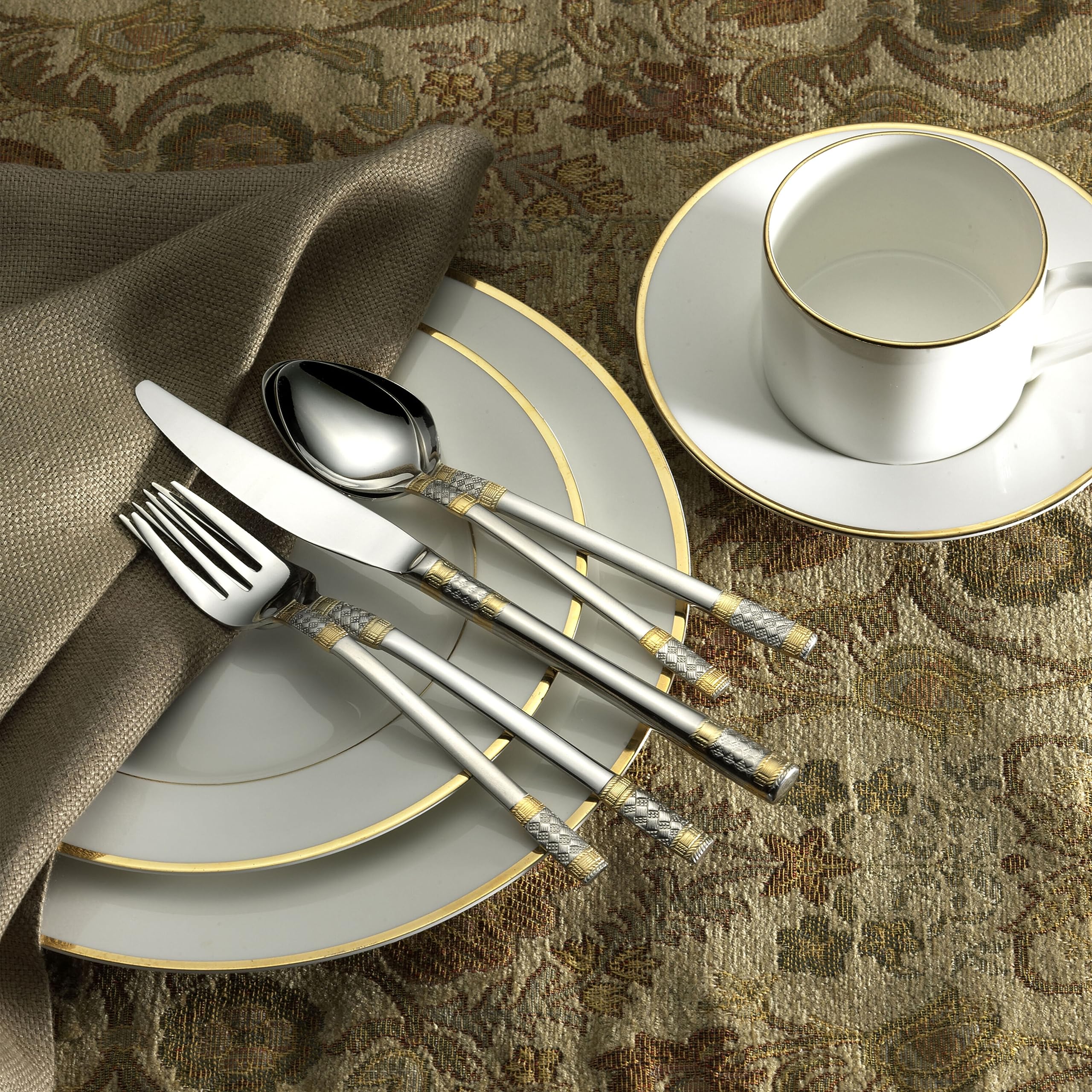 Wallace Corsica 65-Piece Flatware Set with Gold Accent - Stainless Steel Silverware Set for 12, Elegant Dinnerware for Formal Dining, Wedding Registry & Holiday Entertaining