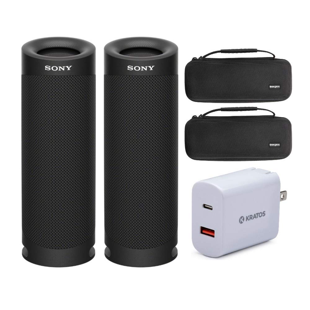 Sony SRS-XB23 Extra BASS Bluetooth Wireless Portable Speaker (Black) - Waterproof, 12-Hour Battery, Stereo Pairing | Knox Gear Hardshell Case + Kratos 18W PD Charger Bundle | Perfect for Outdoor Adventures, Beach Parties & Travel