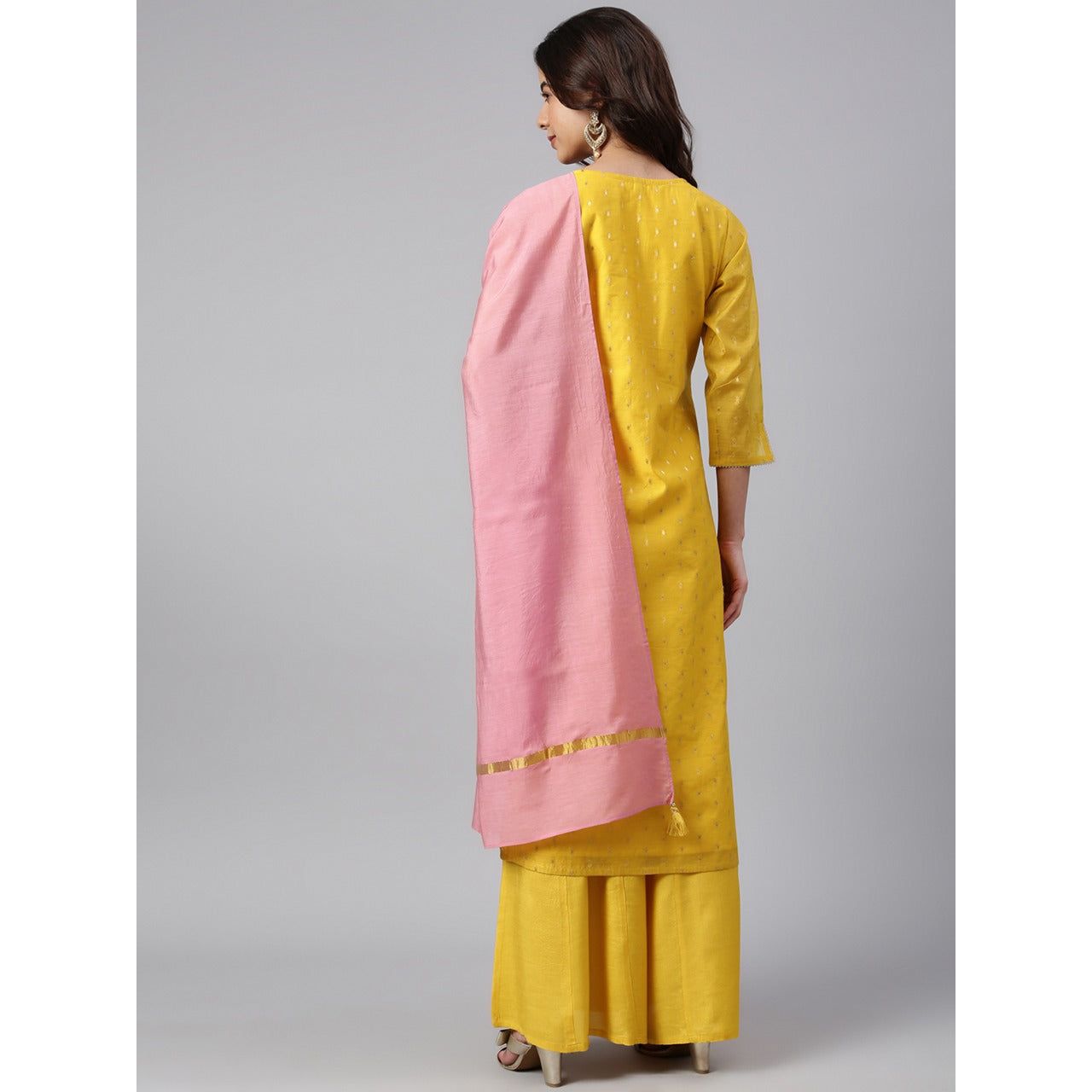 Elegant Yellow and Gold Printed Chanderi Silk Kurta Set for Women | Traditional Indian Ethnic Wear | Perfect for Festivals, Weddings & Special Occasions