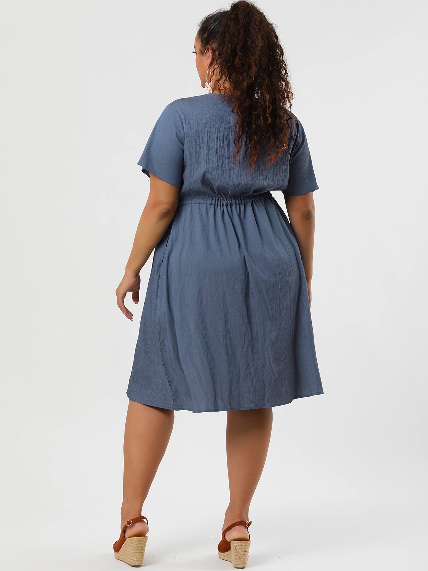 Agnes Orinda Women's Plus Size V-Neck Short Sleeve A-Line Flowy Midi Dress - Chambray Summer Dress 2024 | Casual Wear, Office Outfit, Beach Cover-Up, Date Night Dress