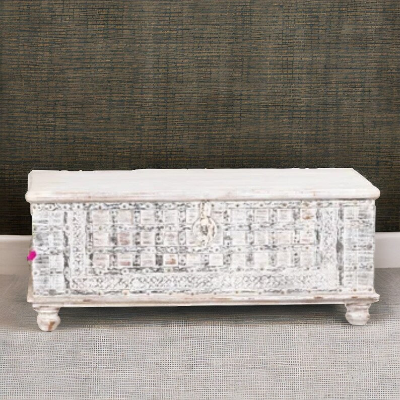 Vintage Hand Carved Solid Wood Chest Trunk Box - Distressed Whitewash Finish | Perfect for Home Decor, Storage & Farmhouse Style Living Room, Bedroom, or Entryway