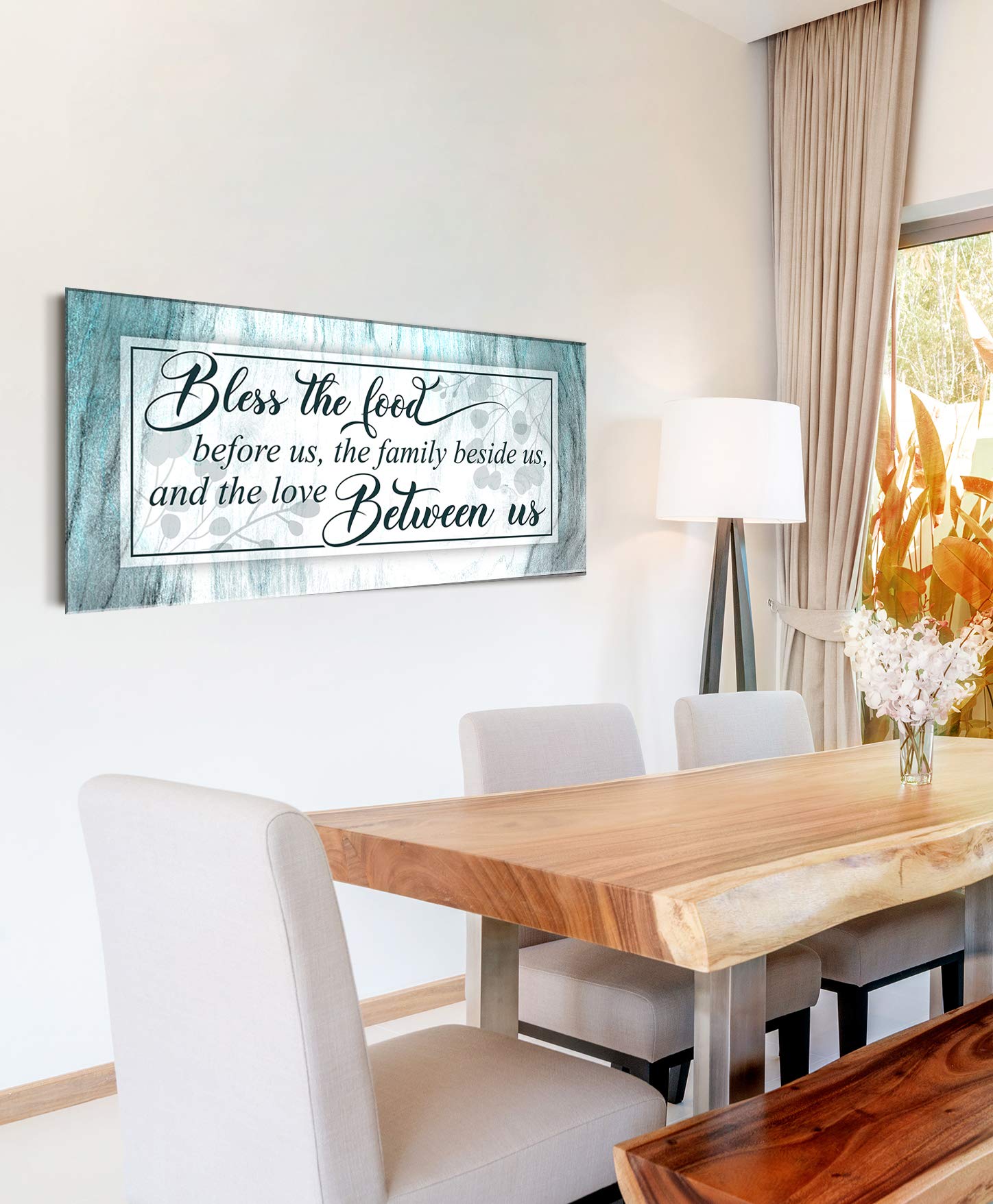 Bless The Food Sign - Large Christian Wall Decor for Dining Room & Kitchen - 60x27 Teal Canvas Wall Art - Perfect for Family Home Decor & Gift Giving