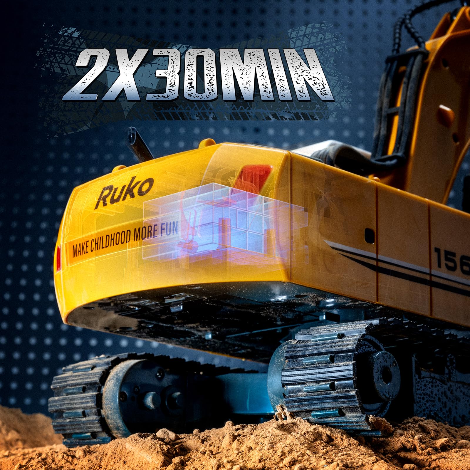 Ruko 1561 RC Excavator - 3 in 1 Remote Control Construction Toy with Alloy Shovel & Drill, 17 Channel RC Vehicle for Boys & Adults (Ages 6-14) - Realistic Lights & Sounds for Sandbox Play, Construction Site Pretend Play & STEM Learning